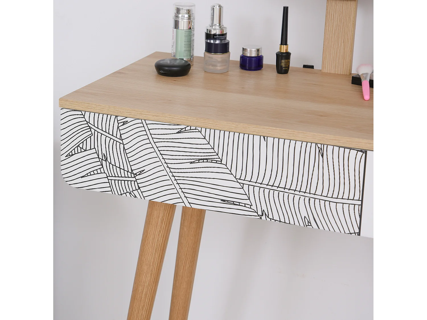 Tavolo da trucco in legno con specchio e cassetto bianco e rovere