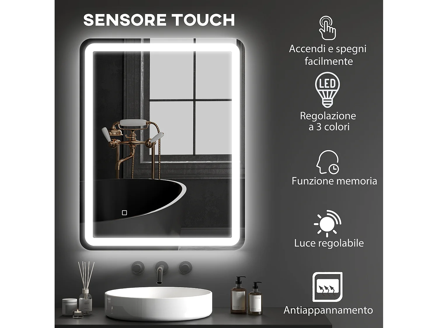 Specchio bagno 70x90cm con luce led a 3 temperature e antiappannamento