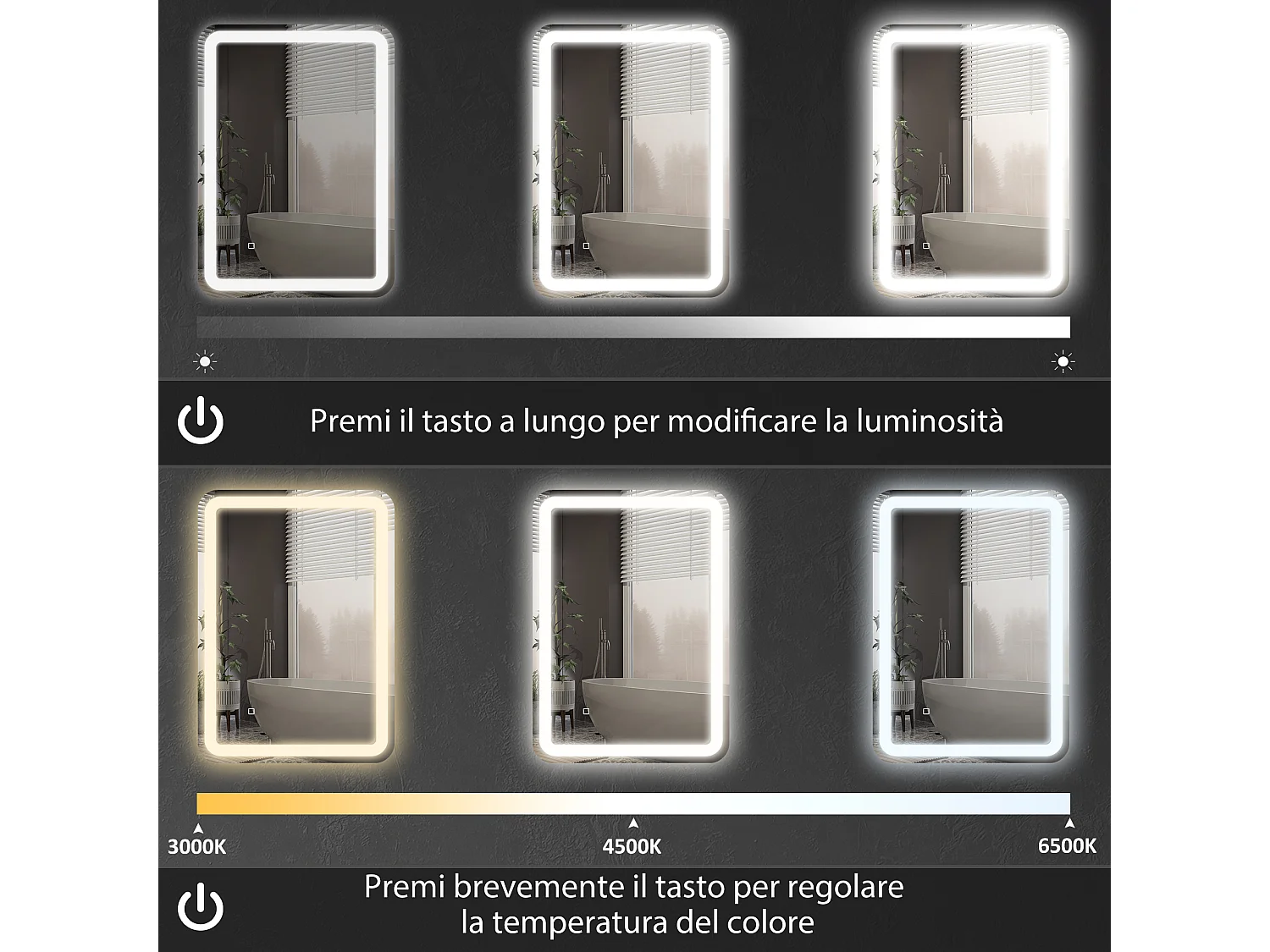 Specchio bagno 70x90cm con luce led a 3 temperature e antiappannamento