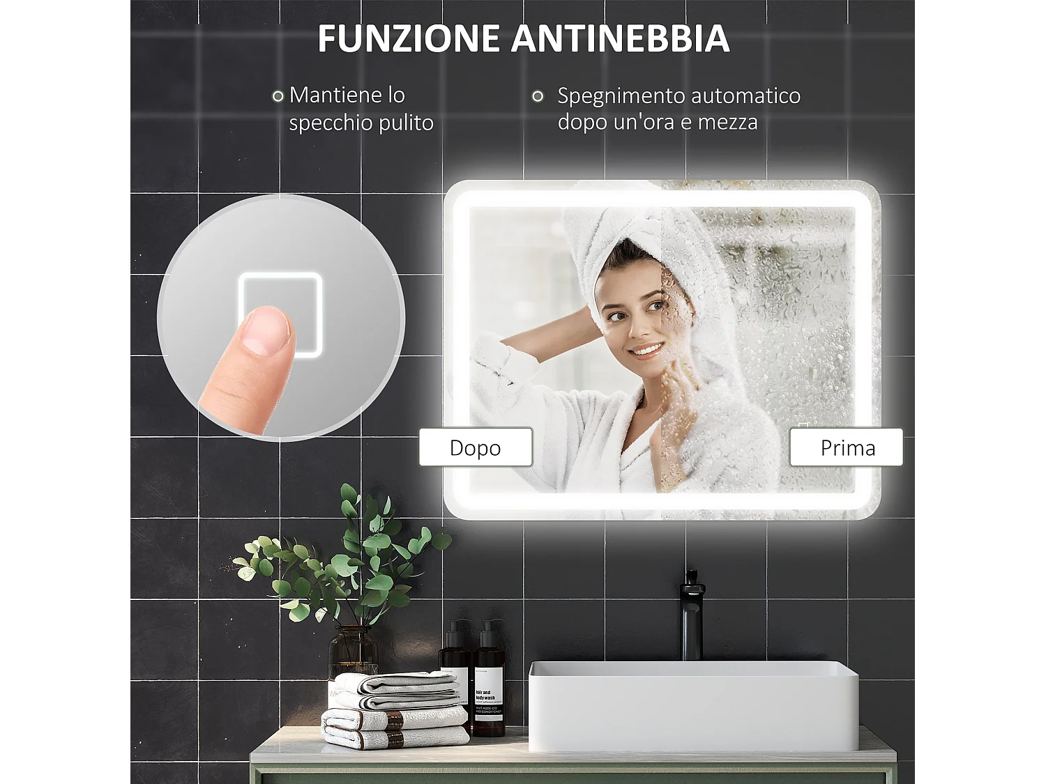 Specchio bagno 70x90cm con luce led a 3 temperature e antiappannamento