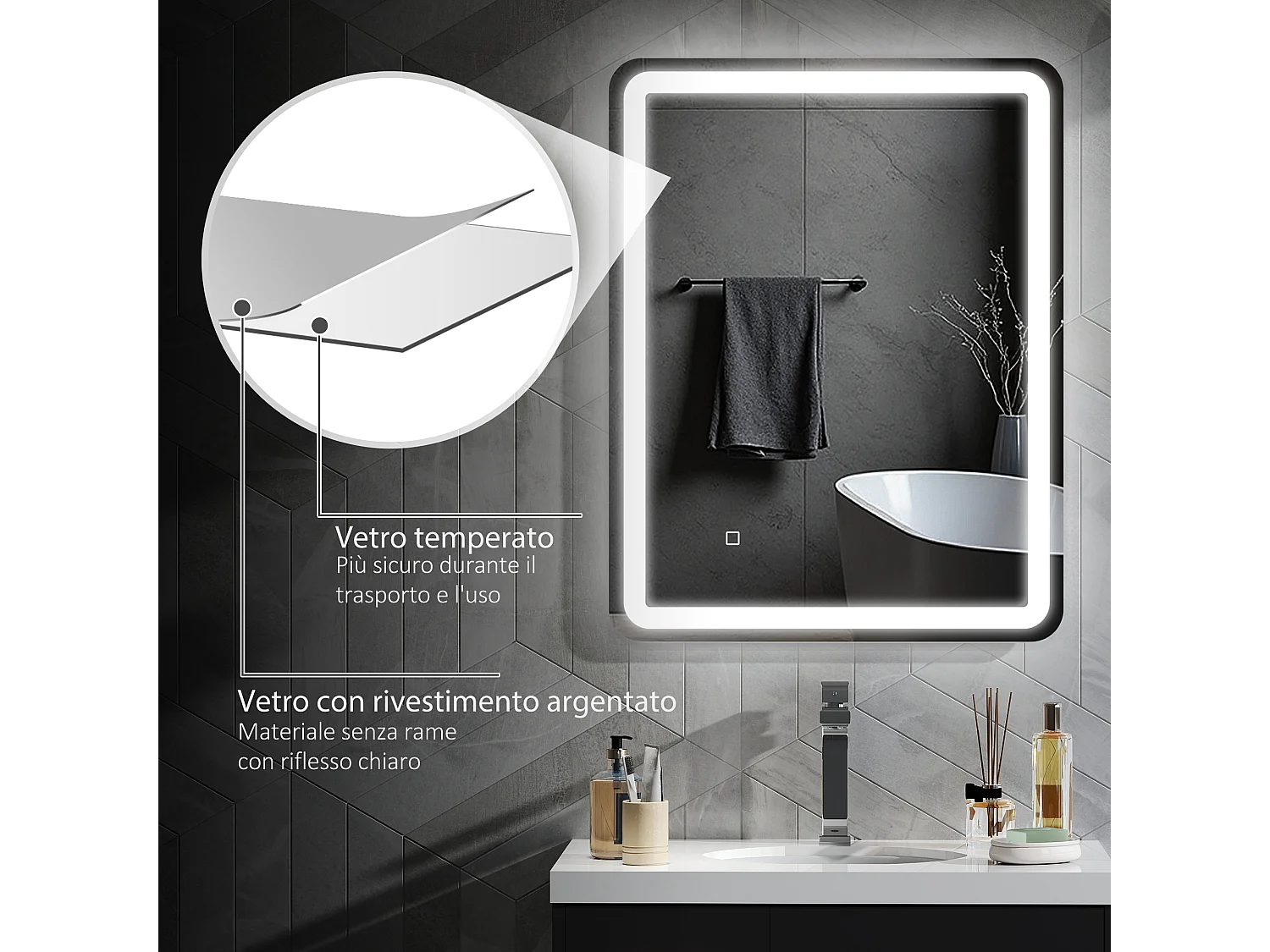 Specchio bagno 70x90cm con luce led a 3 temperature e antiappannamento