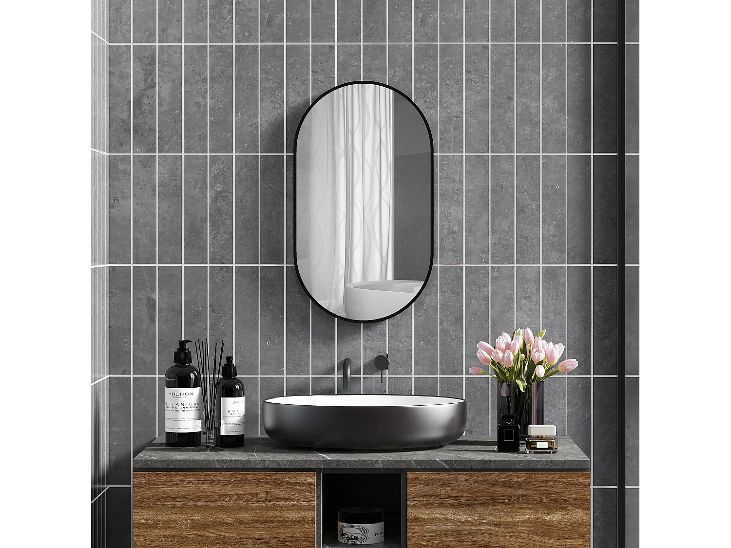 Specchio per bagno ovale con 3 ganci in lega di alluminio e vetro nero