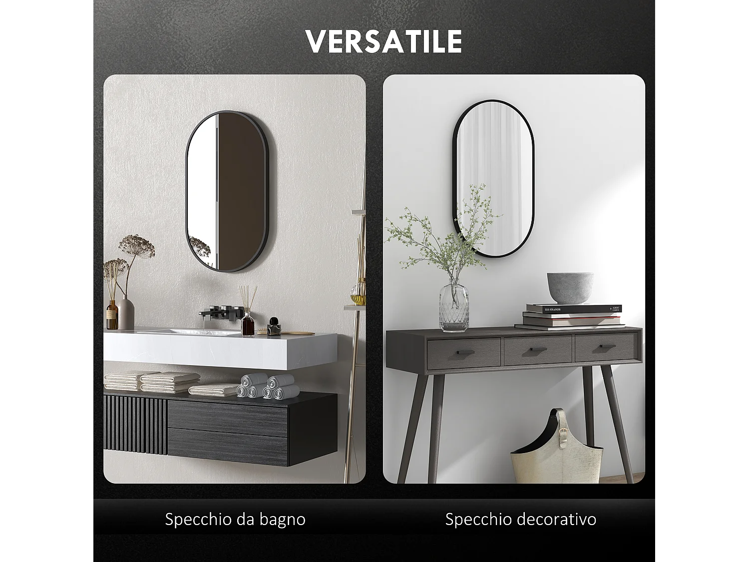Specchio per bagno ovale con 3 ganci in lega di alluminio e vetro nero