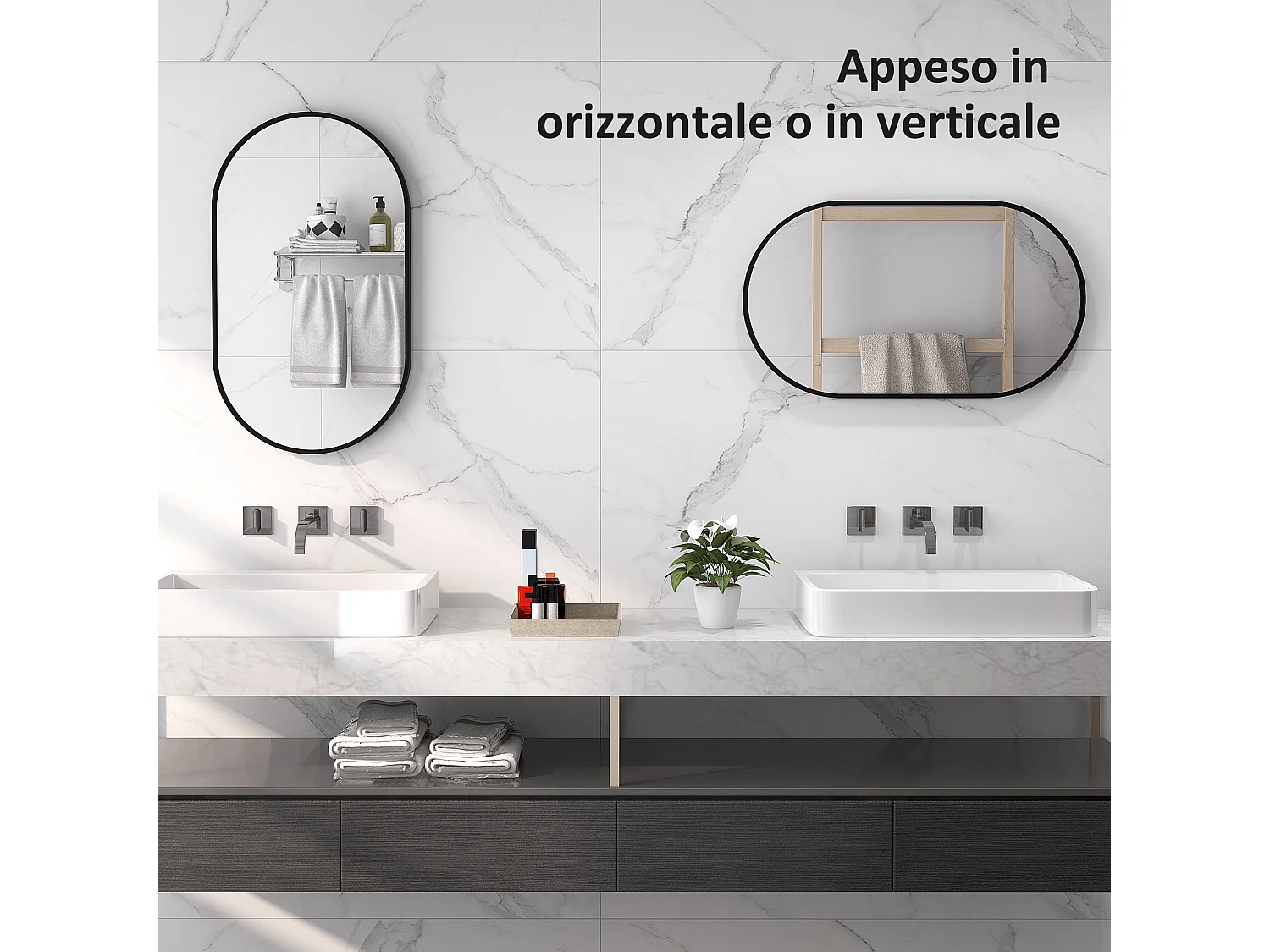 Specchio per bagno ovale con 3 ganci in lega di alluminio e vetro nero