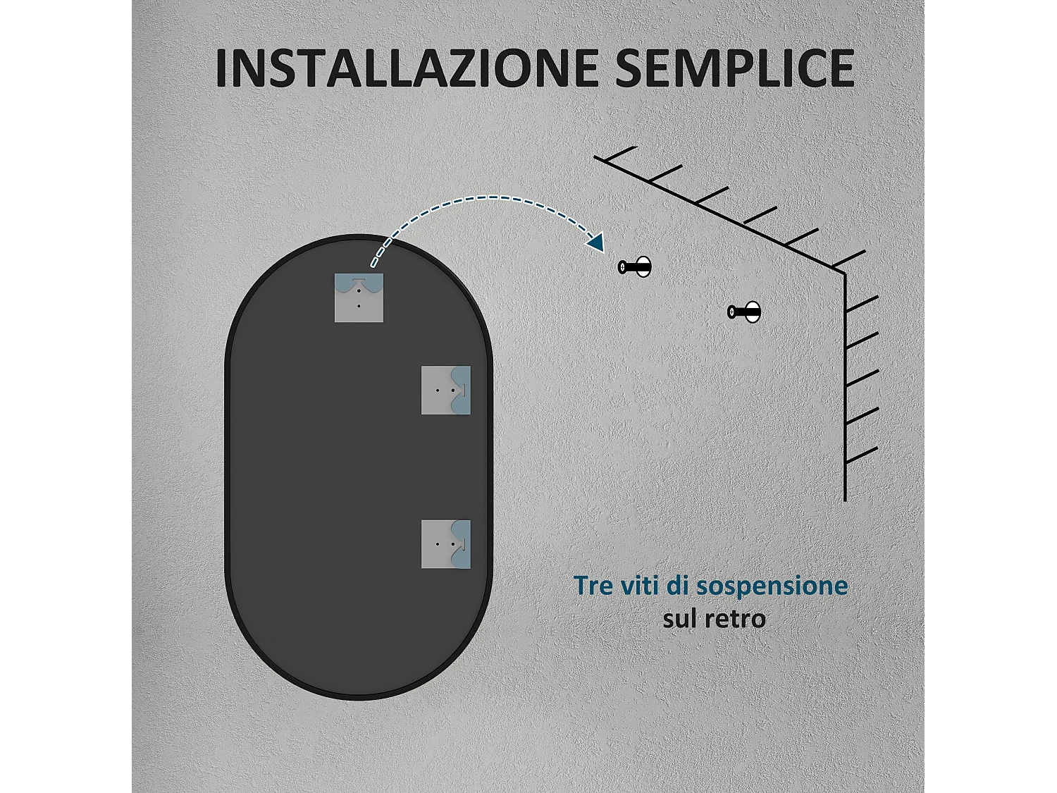 Specchio per bagno ovale con 3 ganci in lega di alluminio e vetro nero