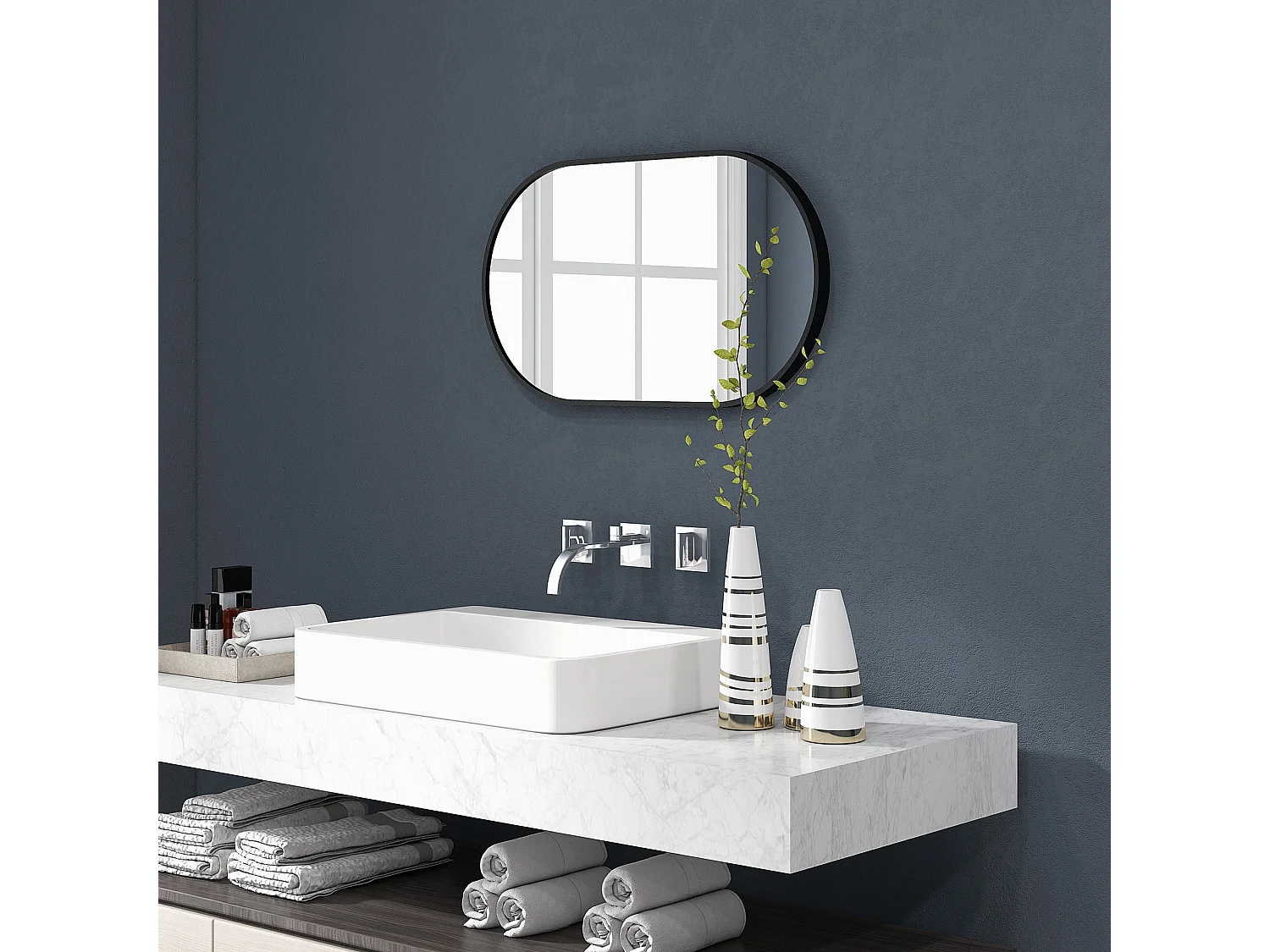 Specchio per bagno ovale con 3 ganci in lega di alluminio e vetro nero