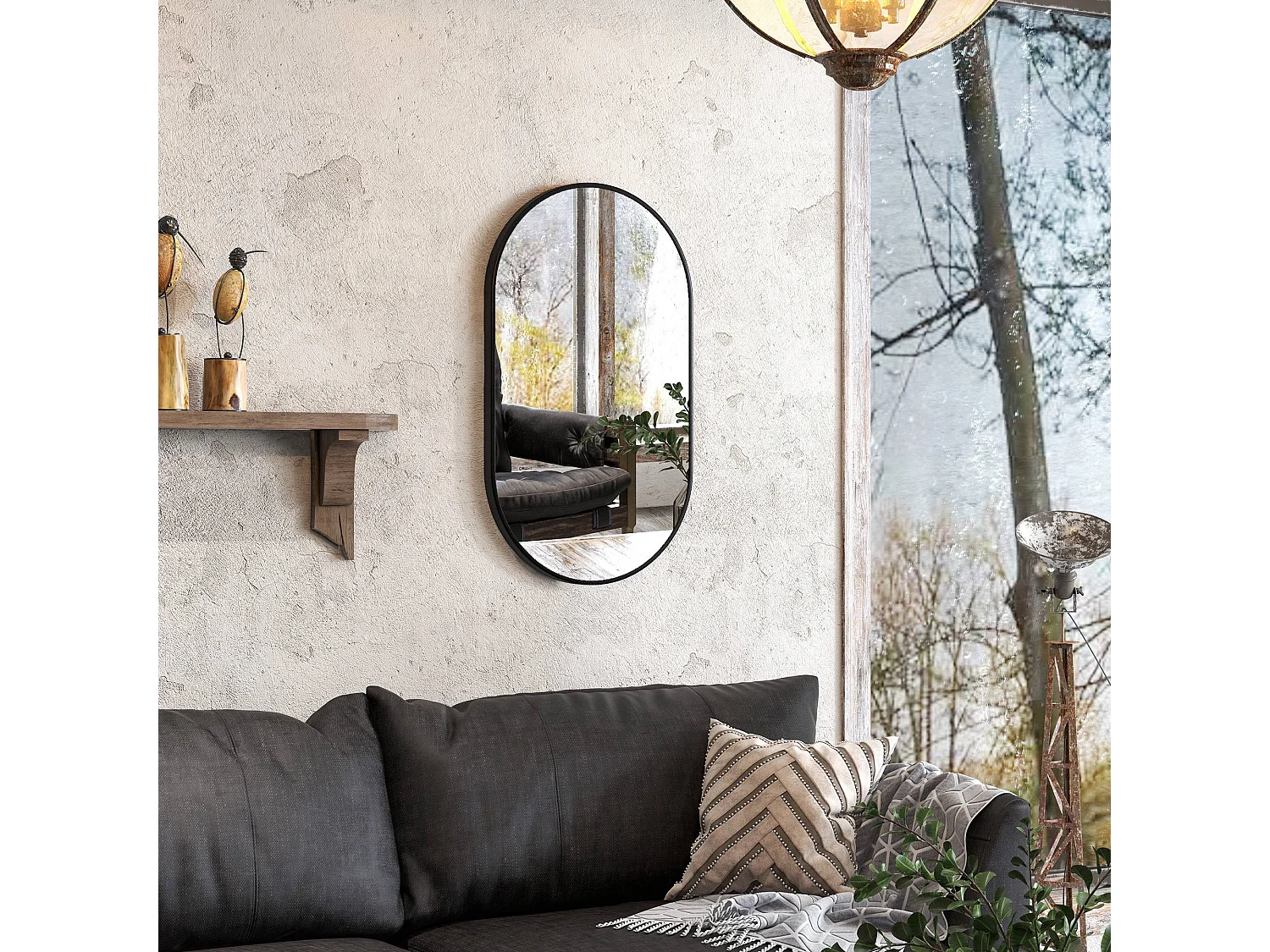 Specchio per bagno ovale con 3 ganci in lega di alluminio e vetro nero