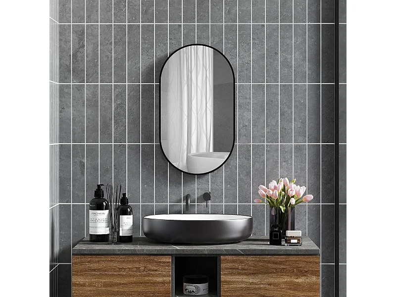 Specchio per bagno ovale con 3 ganci in lega di alluminio e vetro nero