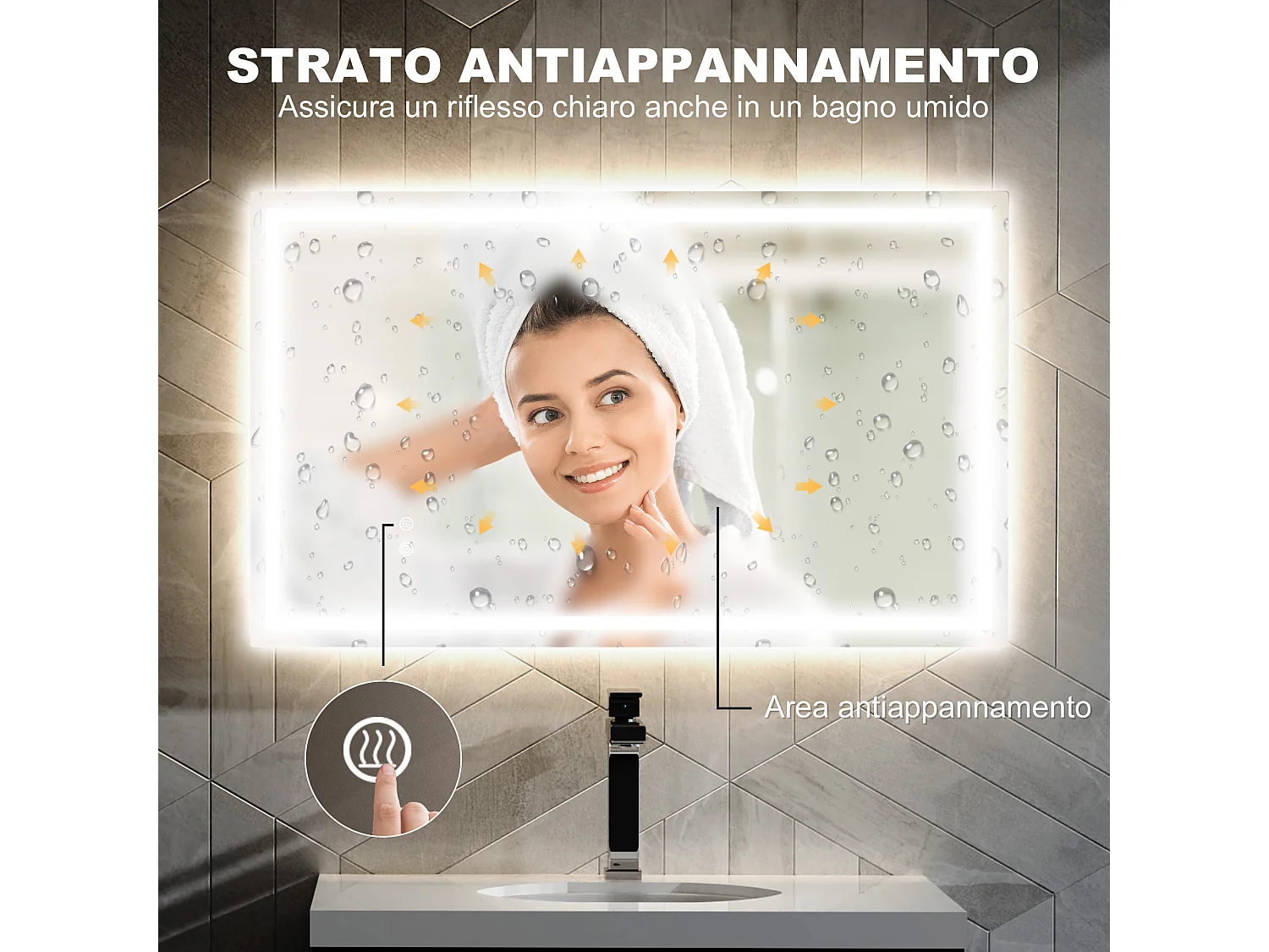 Specchio per bagno con luci led regolabili a 3 colori 100x3x60 cm