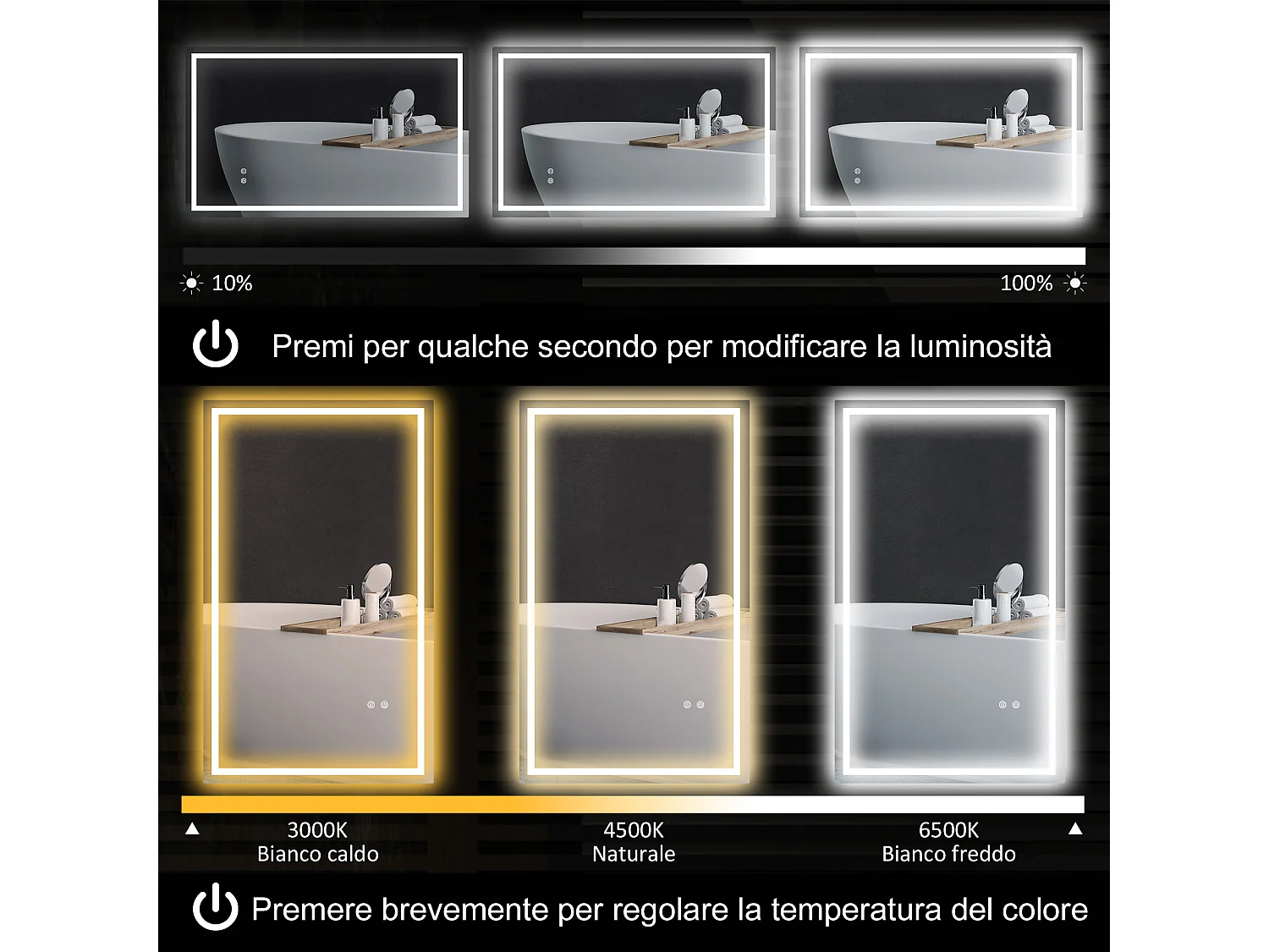 Specchio per bagno con luci led regolabili a 3 colori 100x3x60 cm