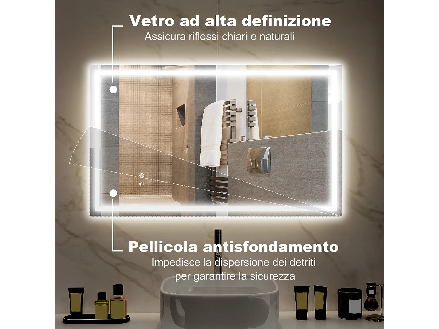 Specchio per bagno con luci led regolabili a 3 colori 100x3x60 cm