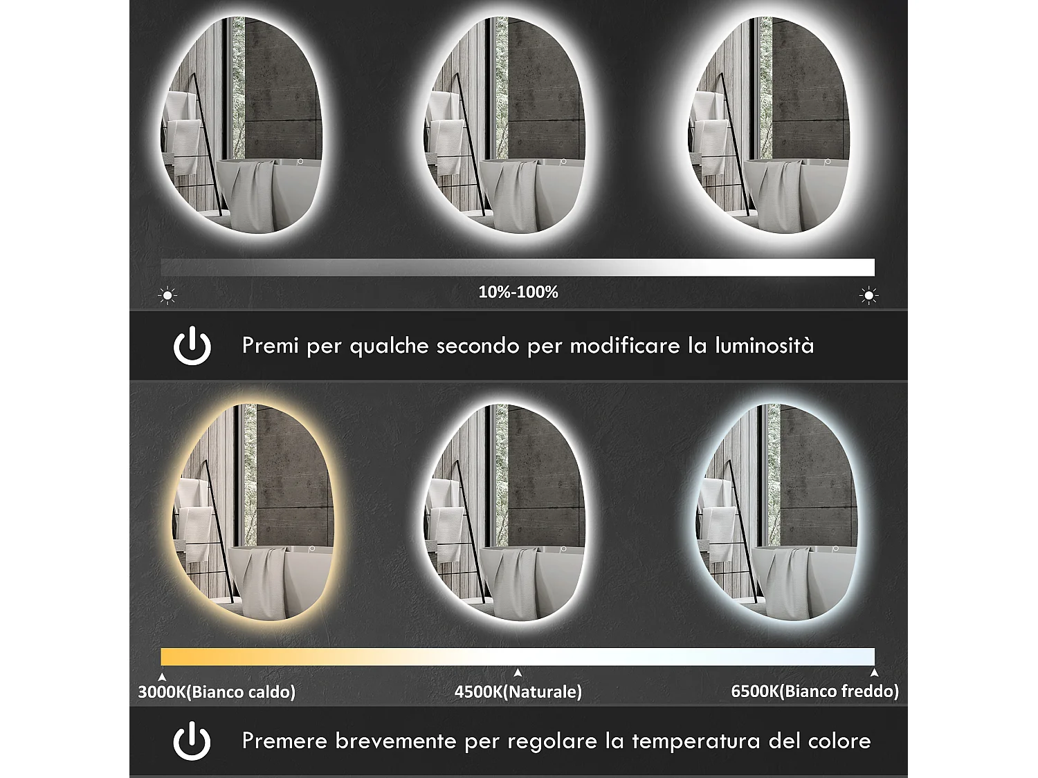Specchio da bagno con illuminazione a led regolabile 70x5x50cm argento
