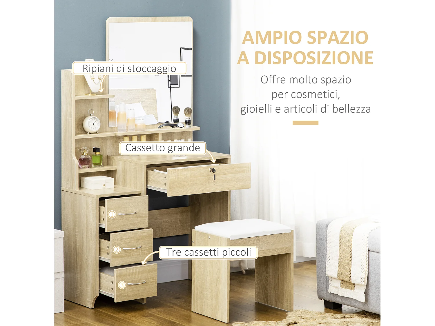 Tavolino da trucco con sgabello specchio cassetti e ripiani legno