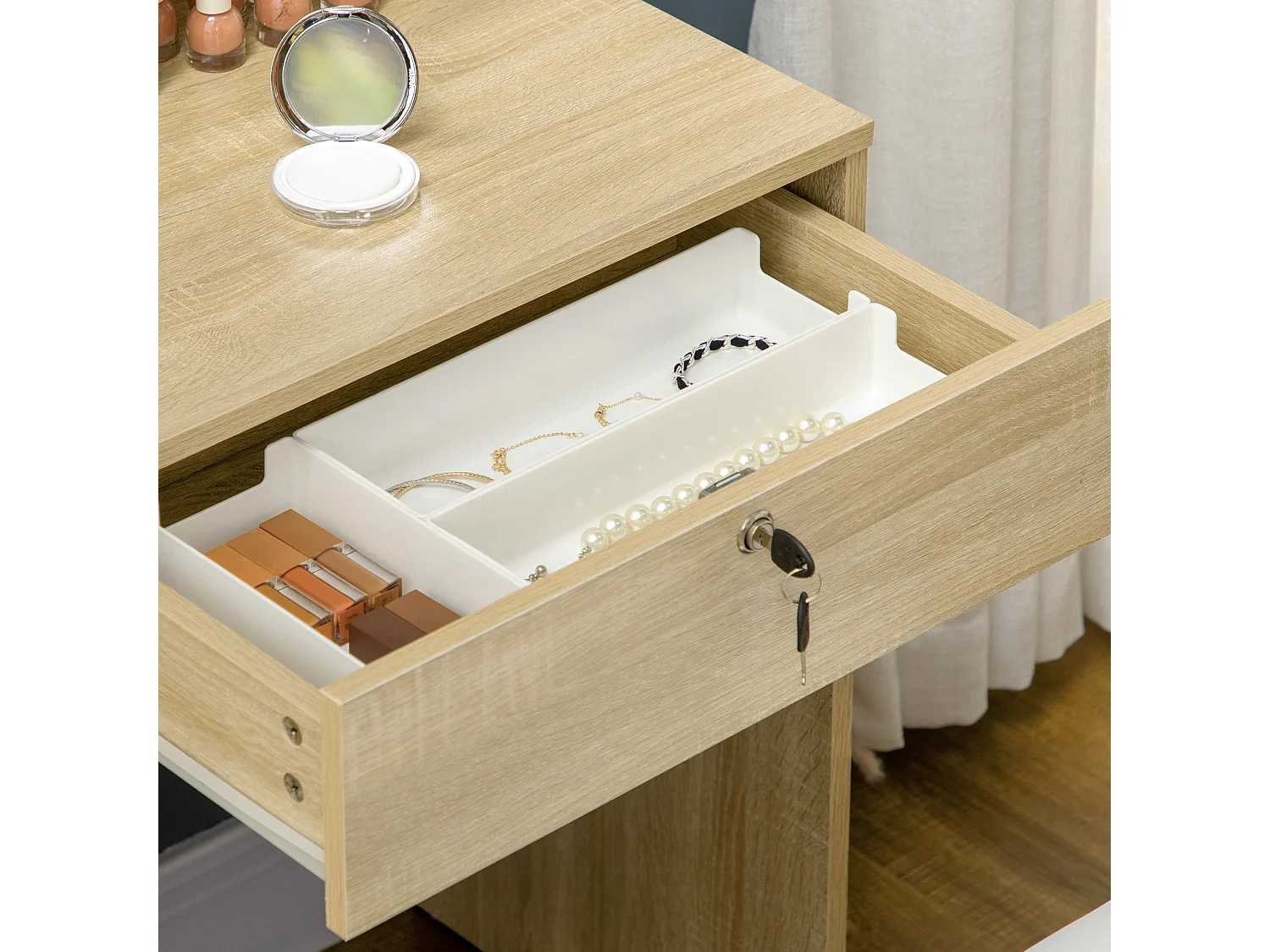 Tavolino da trucco con sgabello specchio cassetti e ripiani legno