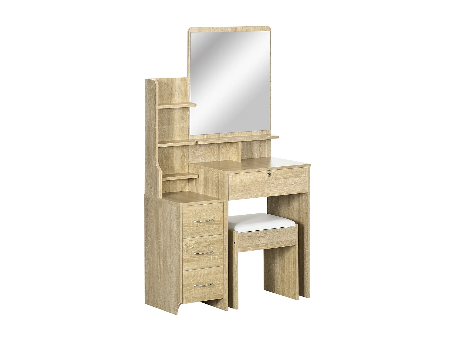 Tavolino da trucco con sgabello specchio cassetti e ripiani legno