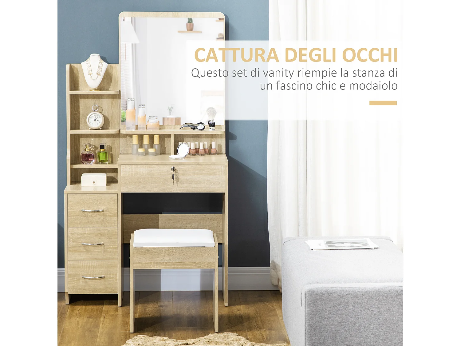 Tavolino da trucco con sgabello specchio cassetti e ripiani legno