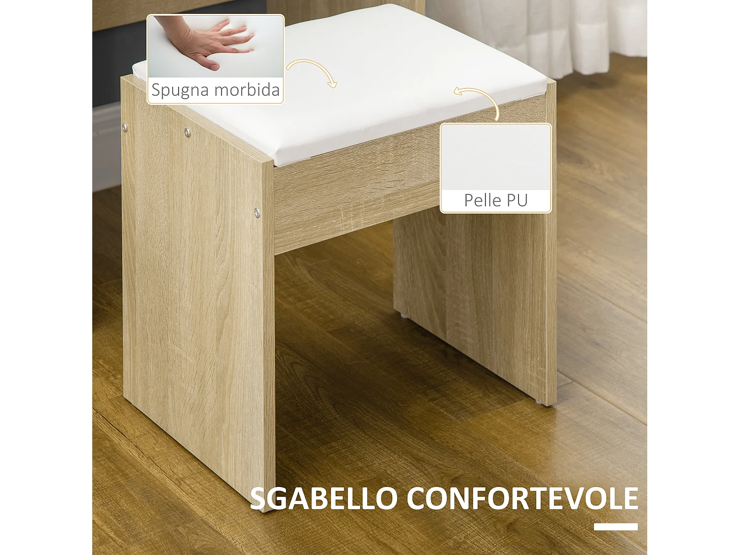 Tavolino da trucco con sgabello specchio cassetti e ripiani legno