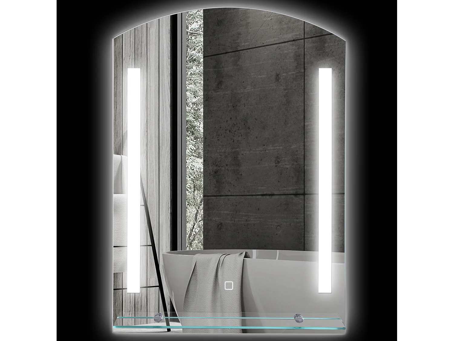 Specchio per bagno con luce led e mensola in vetro argento