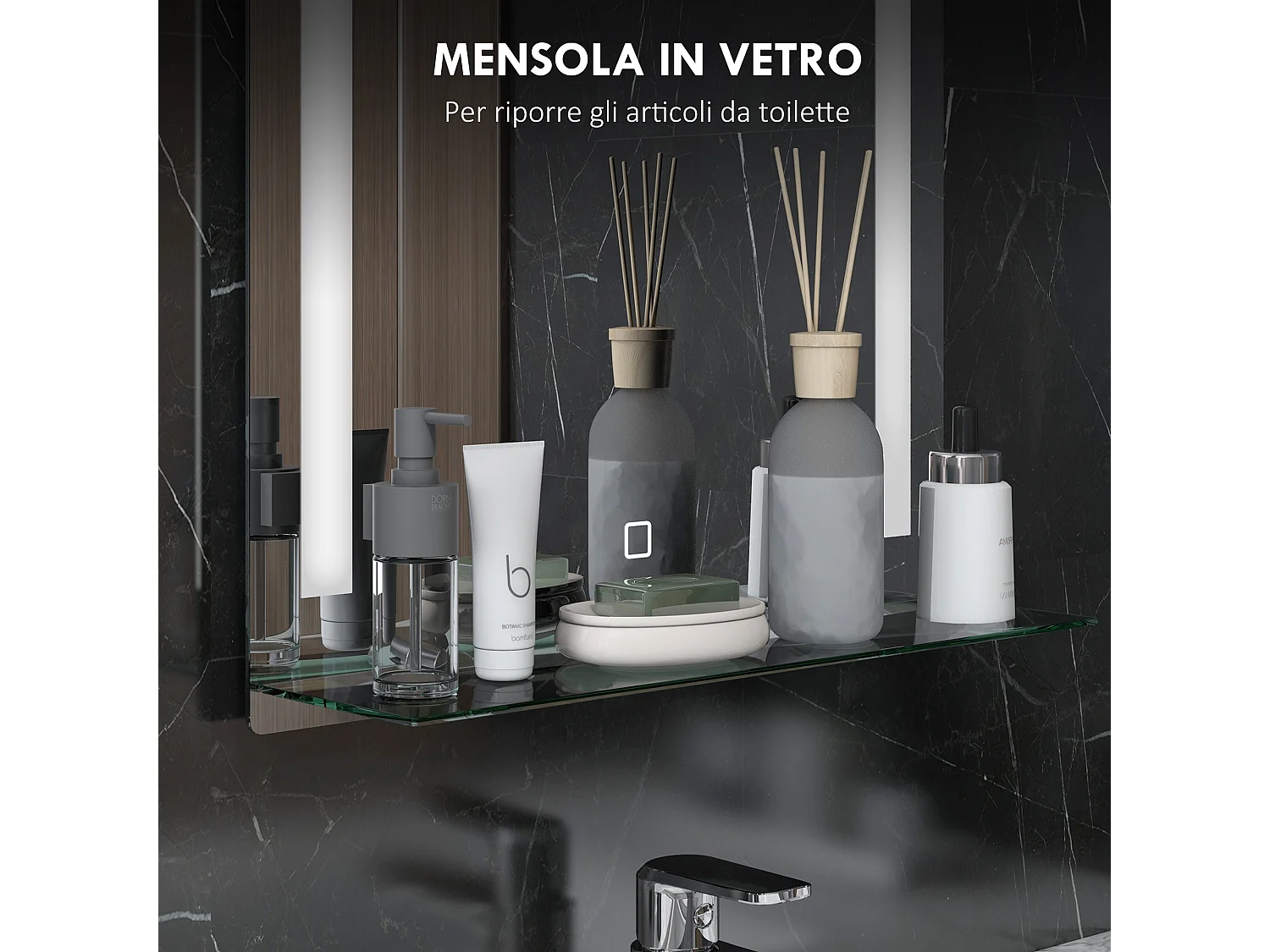 Specchio per bagno con luce led e mensola in vetro argento