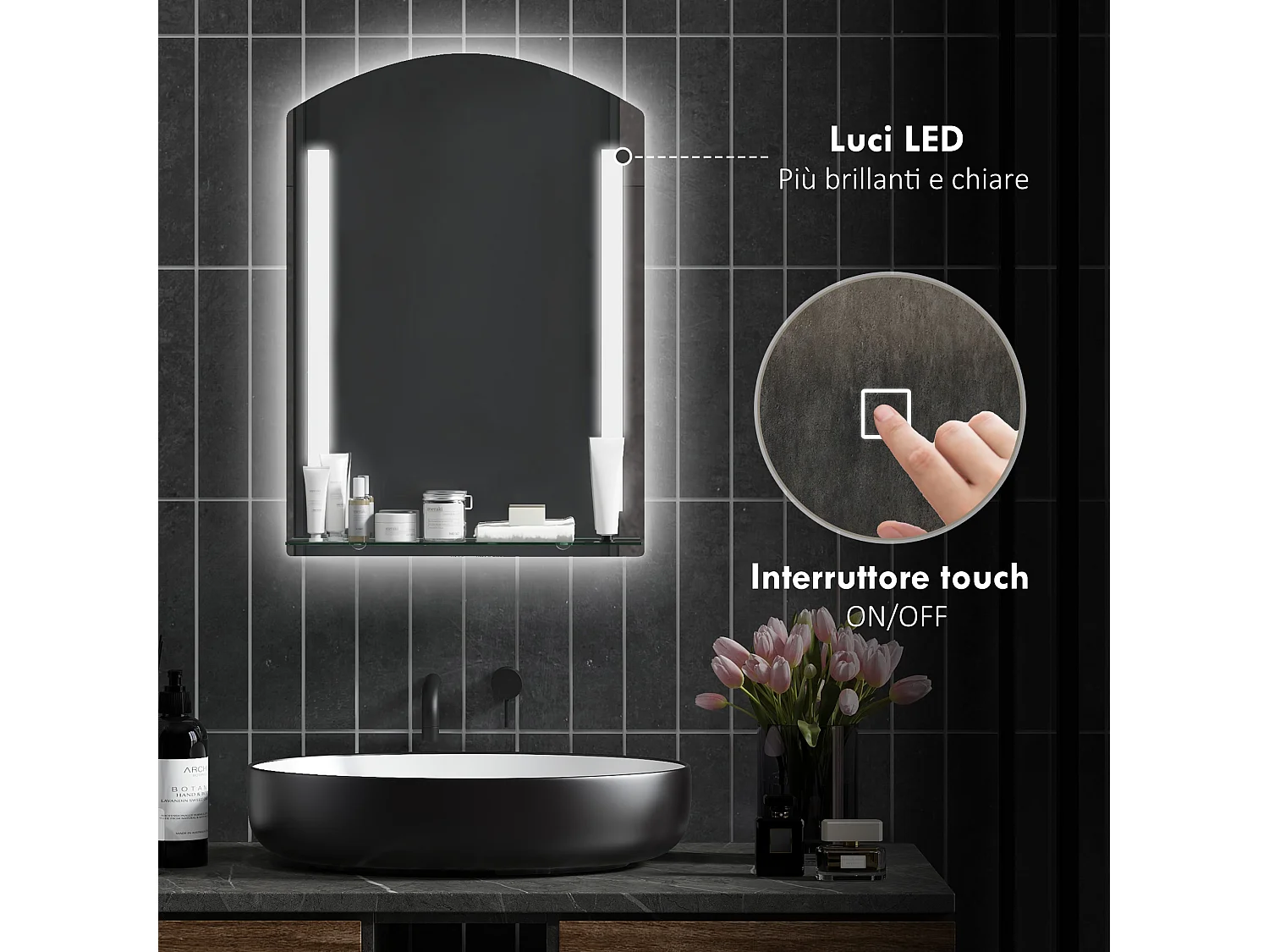 Specchio per bagno con luce led e mensola in vetro argento