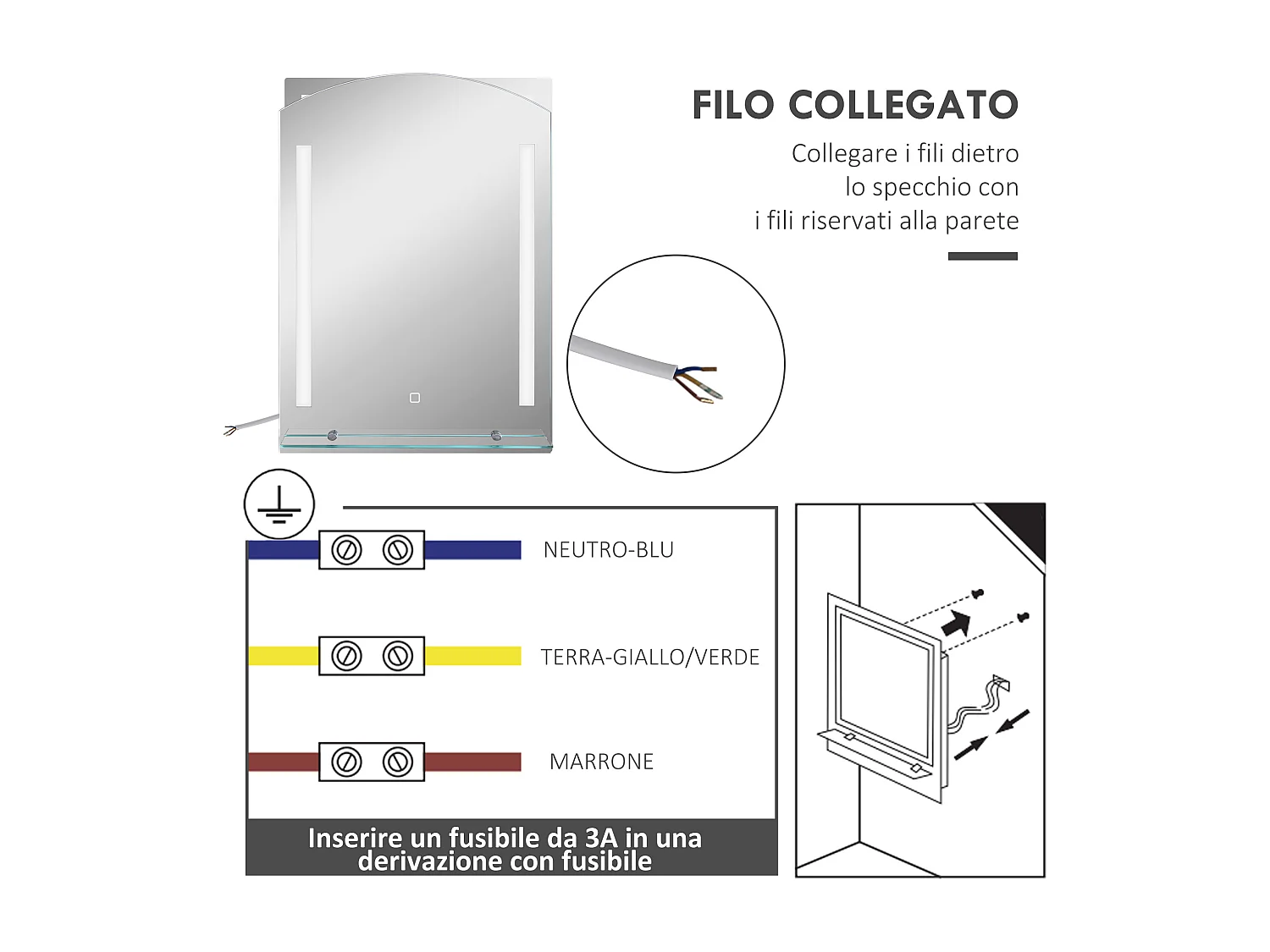 Specchio per bagno con luce led e mensola in vetro argento