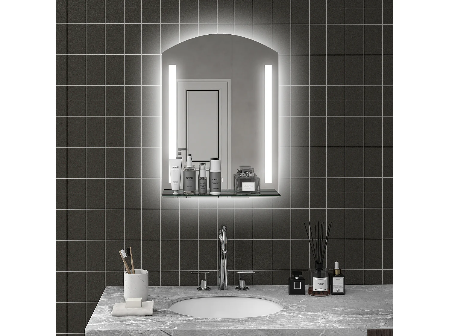 Specchio per bagno con luce led e mensola in vetro argento