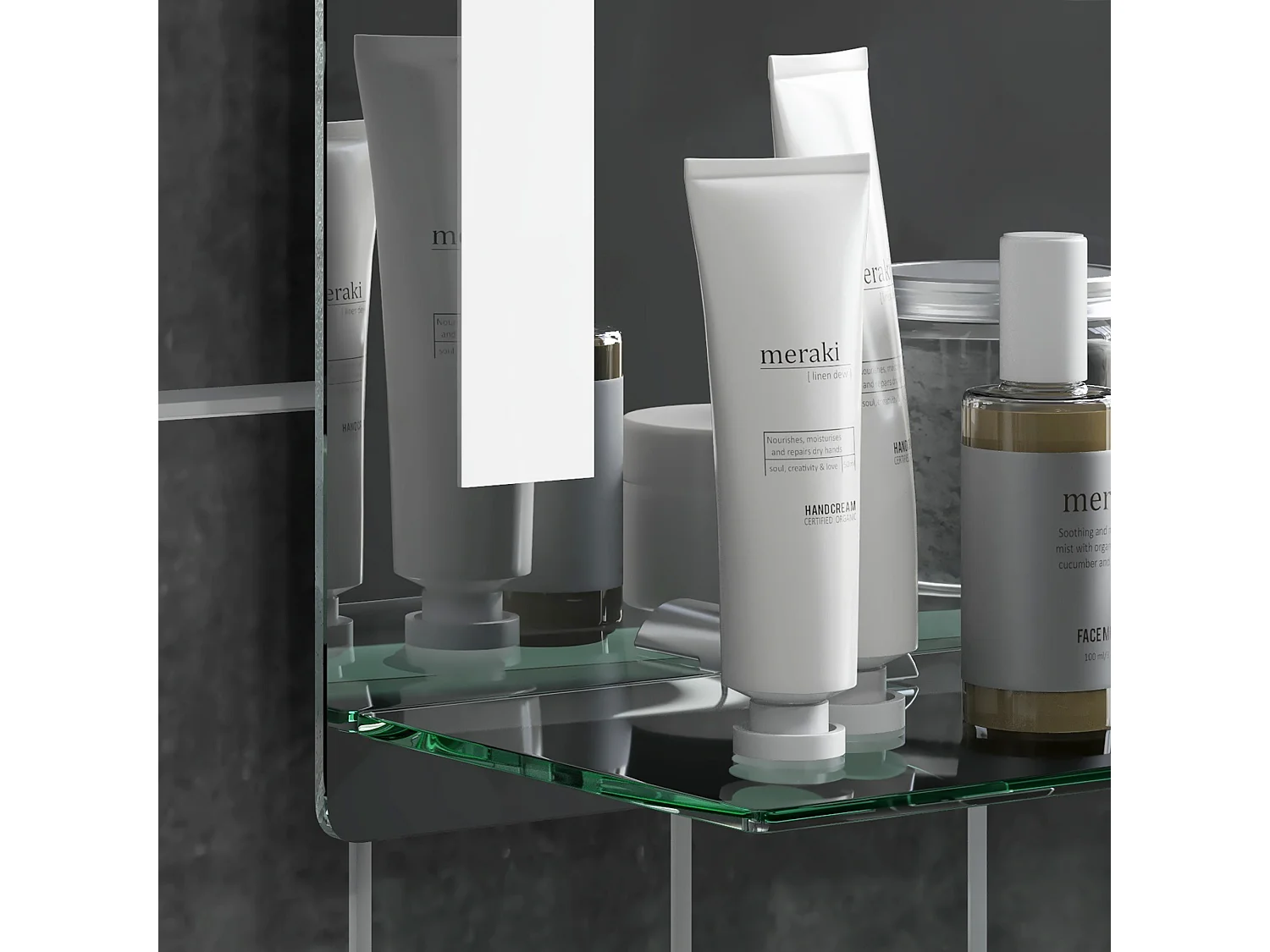 Specchio per bagno con luce led e mensola in vetro argento