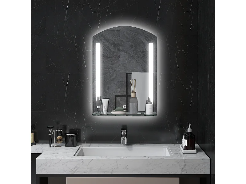 Specchio per bagno con luce led e mensola in vetro argento