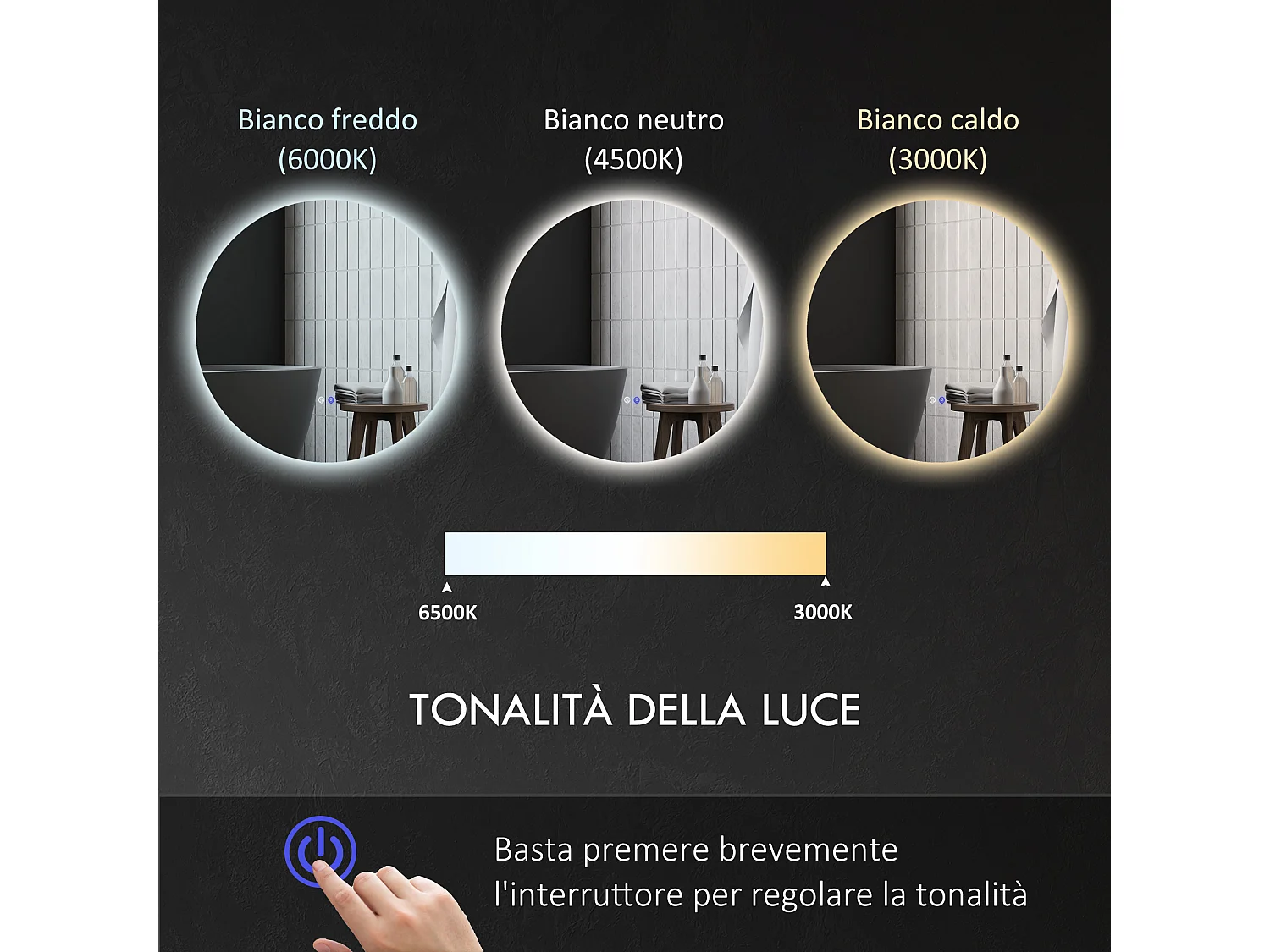 Specchio bagno illuminato regolabile e antiappannamento Ø60cm