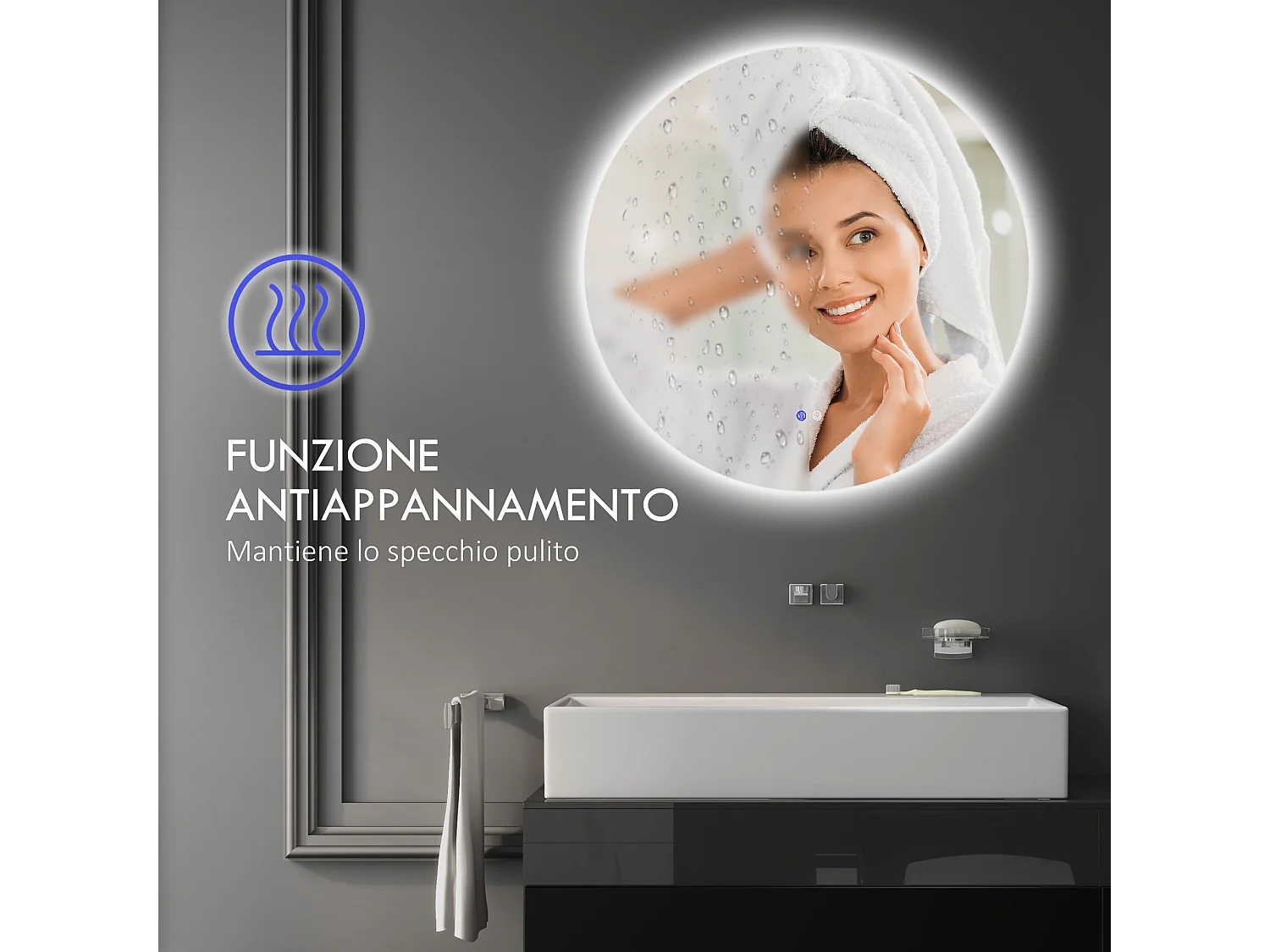 Specchio bagno illuminato regolabile e antiappannamento Ø60cm