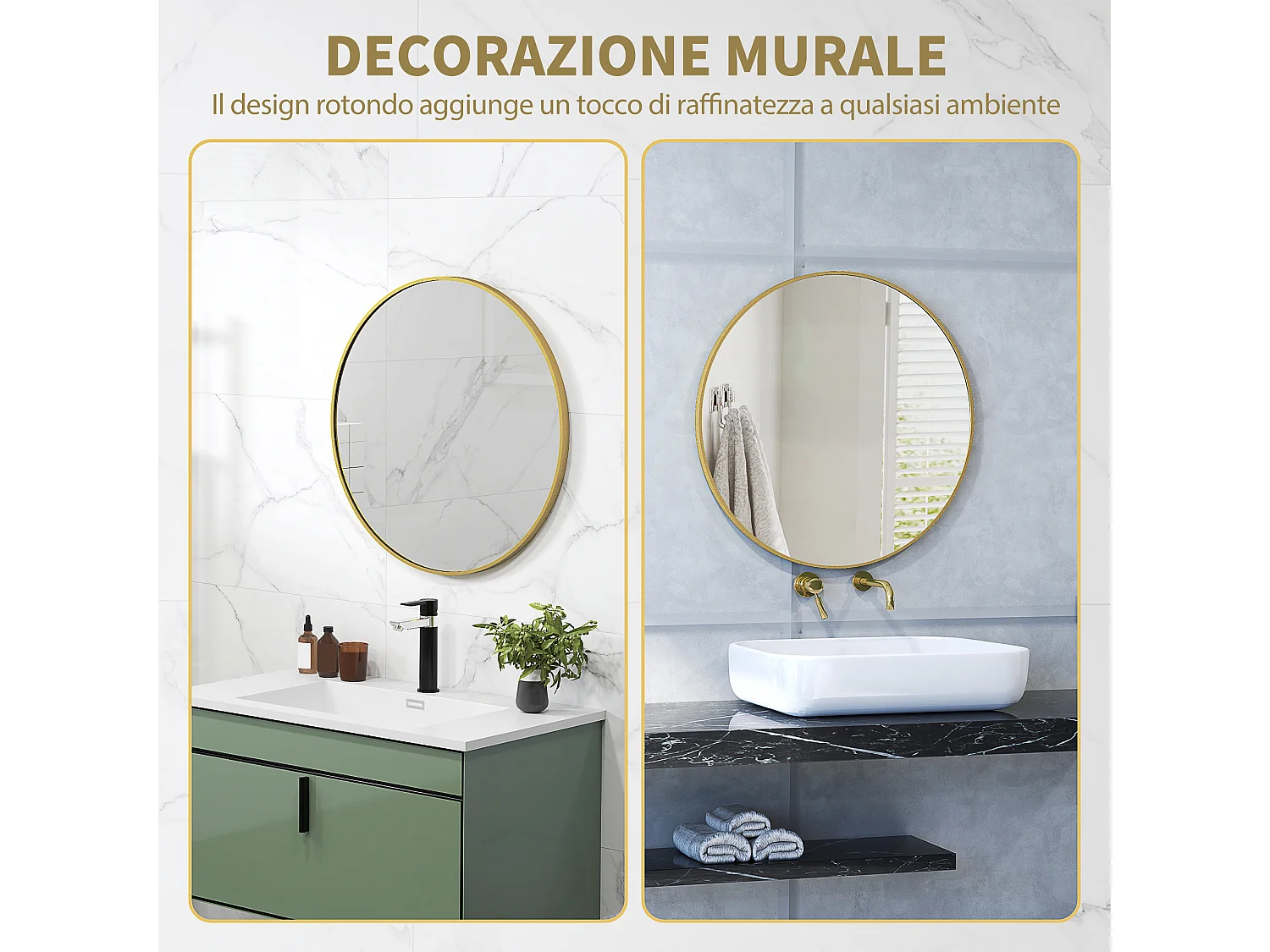 Specchio rotondo a parete da bagno in vetro e acciaio Ø70x2.5 cm oro