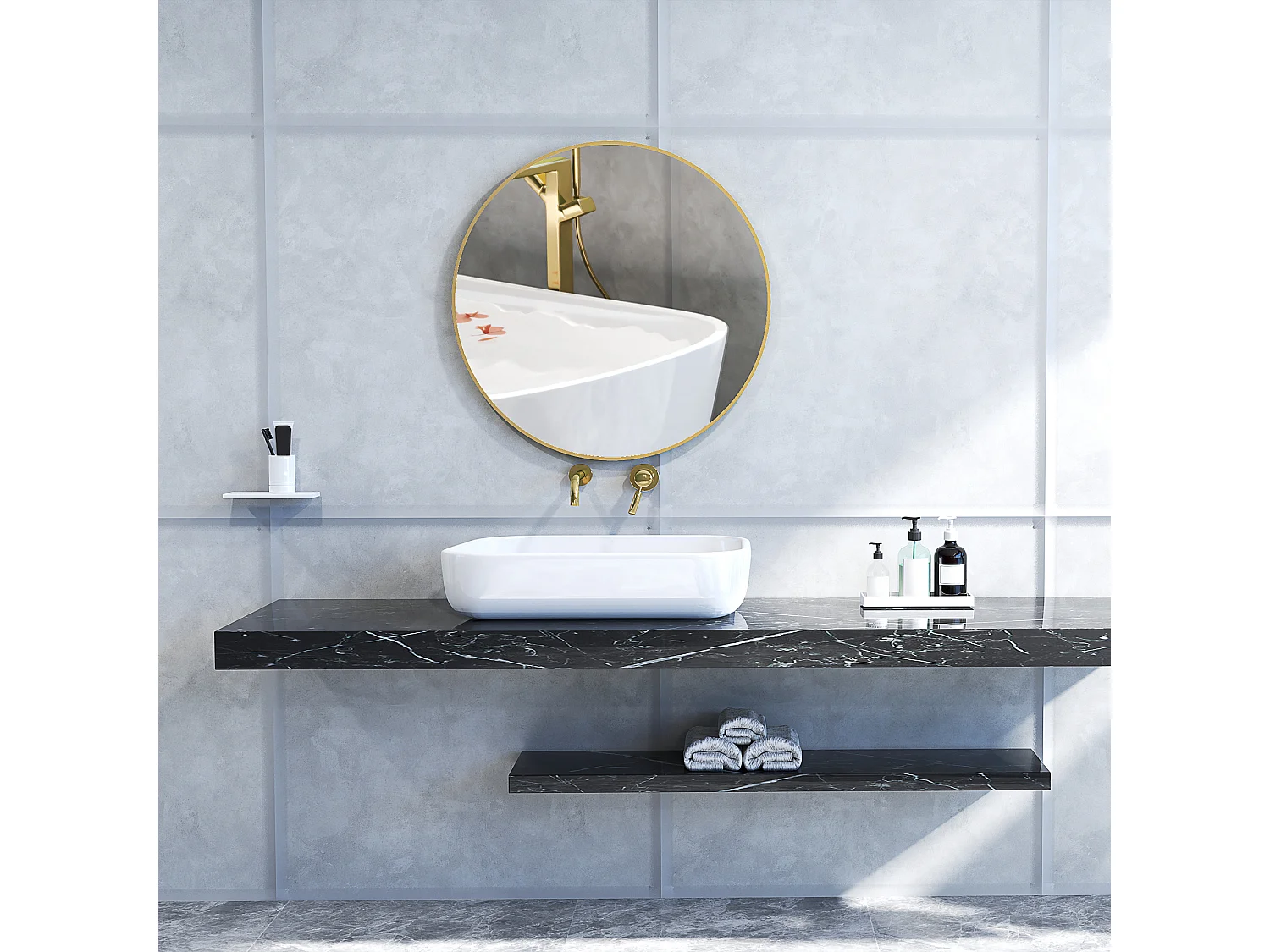 Specchio rotondo a parete da bagno in vetro e acciaio Ø70x2.5 cm oro