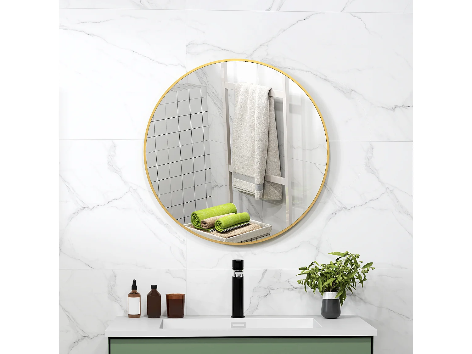 Specchio rotondo a parete da bagno in vetro e acciaio Ø70x2.5 cm oro