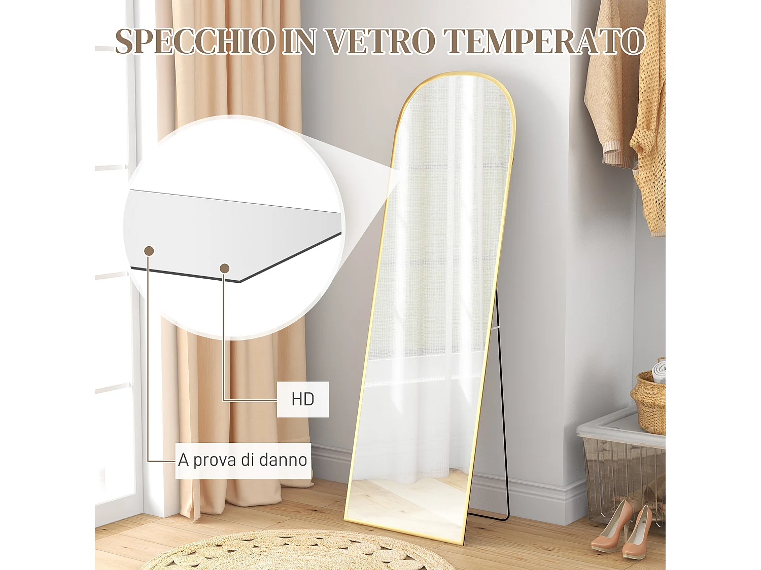 Specchio da terra e parete con supporto pieghevole 50x161.5 cm oro