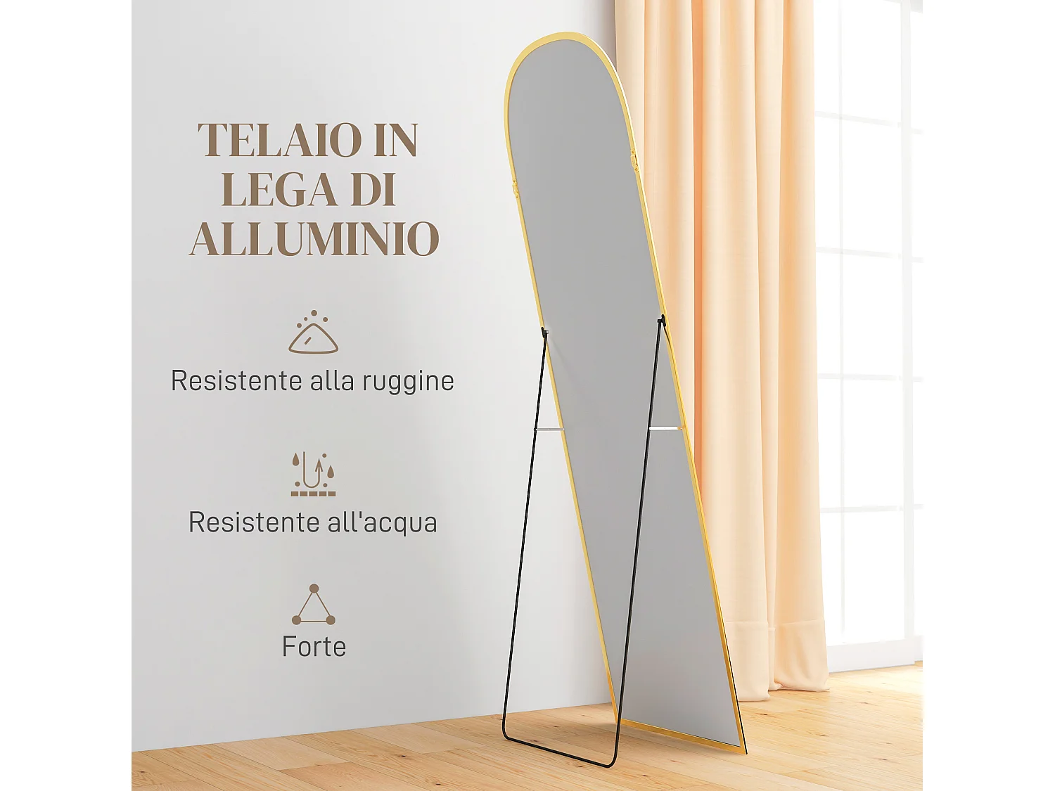 Specchio da terra e parete con supporto pieghevole 50x161.5 cm oro