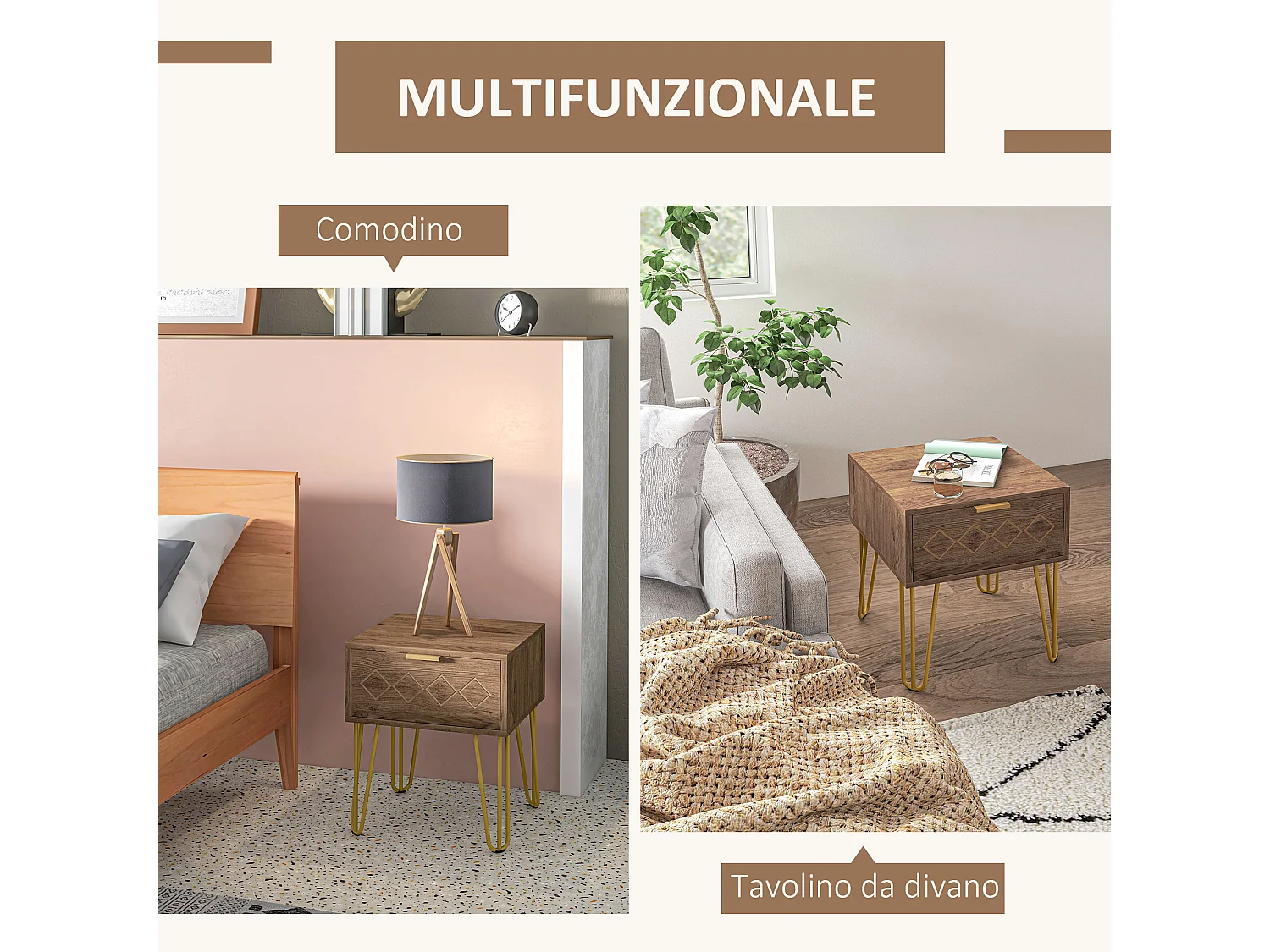 Comodini con cassetti set 2pz in truciolato e acciaio marrone