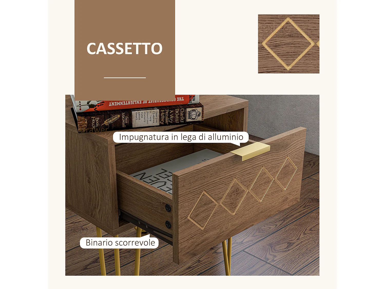 Comodini con cassetti set 2pz in truciolato e acciaio marrone