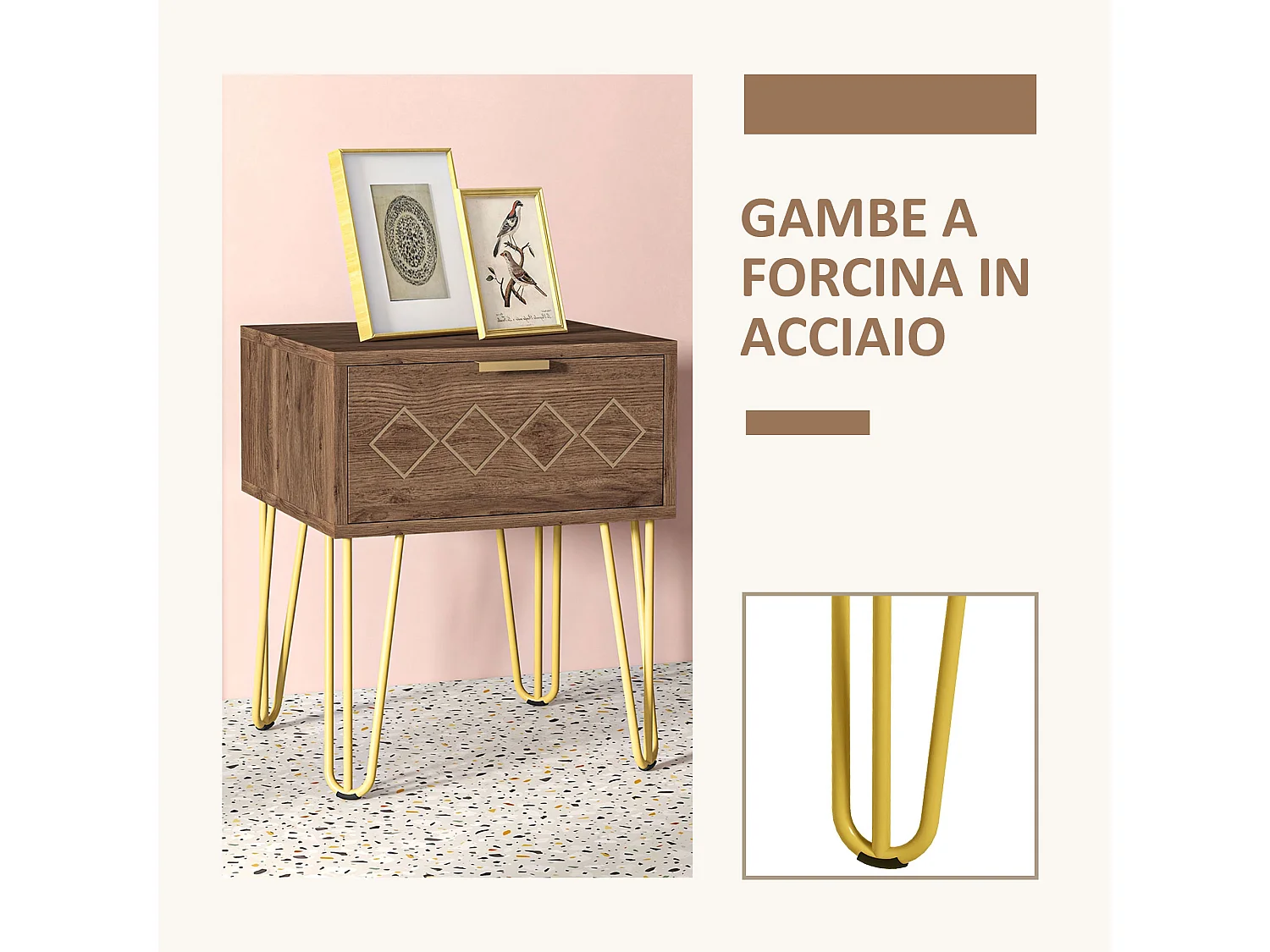 Comodini con cassetti set 2pz in truciolato e acciaio marrone