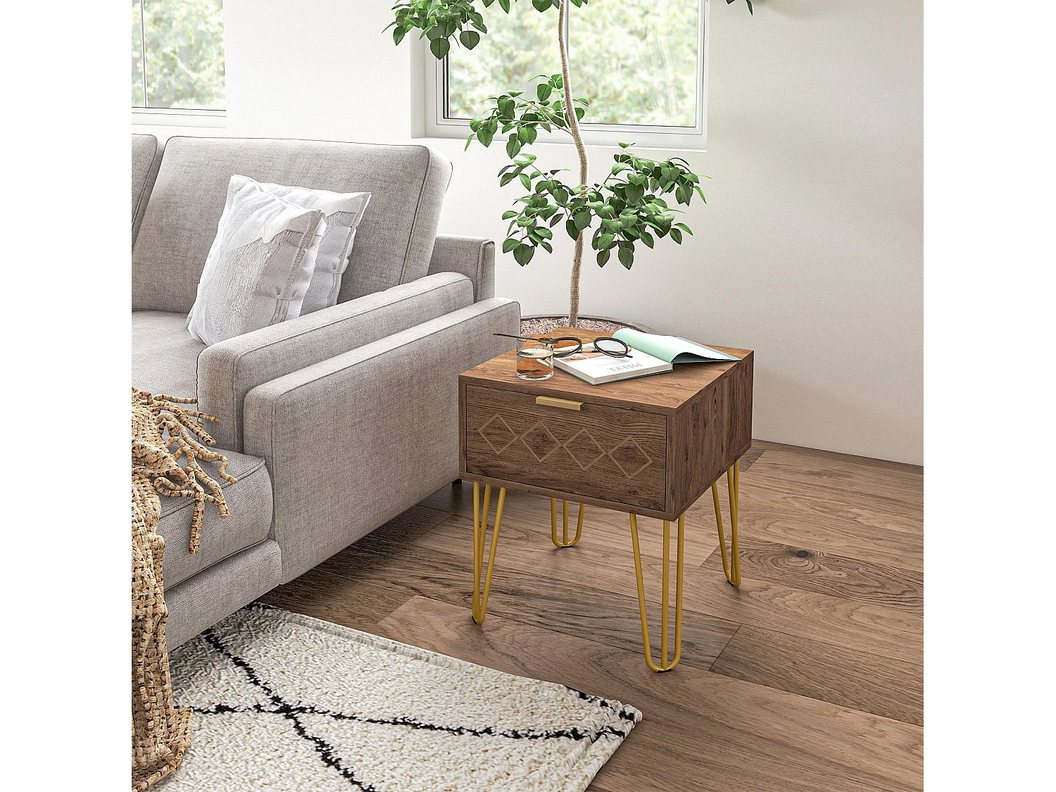 Comodini con cassetti set 2pz in truciolato e acciaio marrone