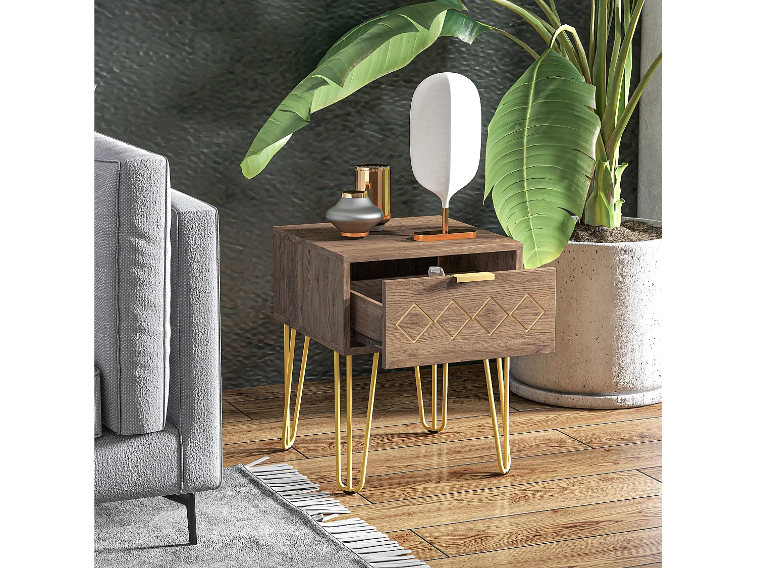 Comodini con cassetti set 2pz in truciolato e acciaio marrone