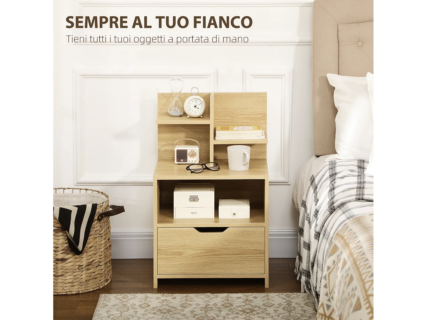 Comodino con cassetto e ripiani in legno 45x35x73 cm