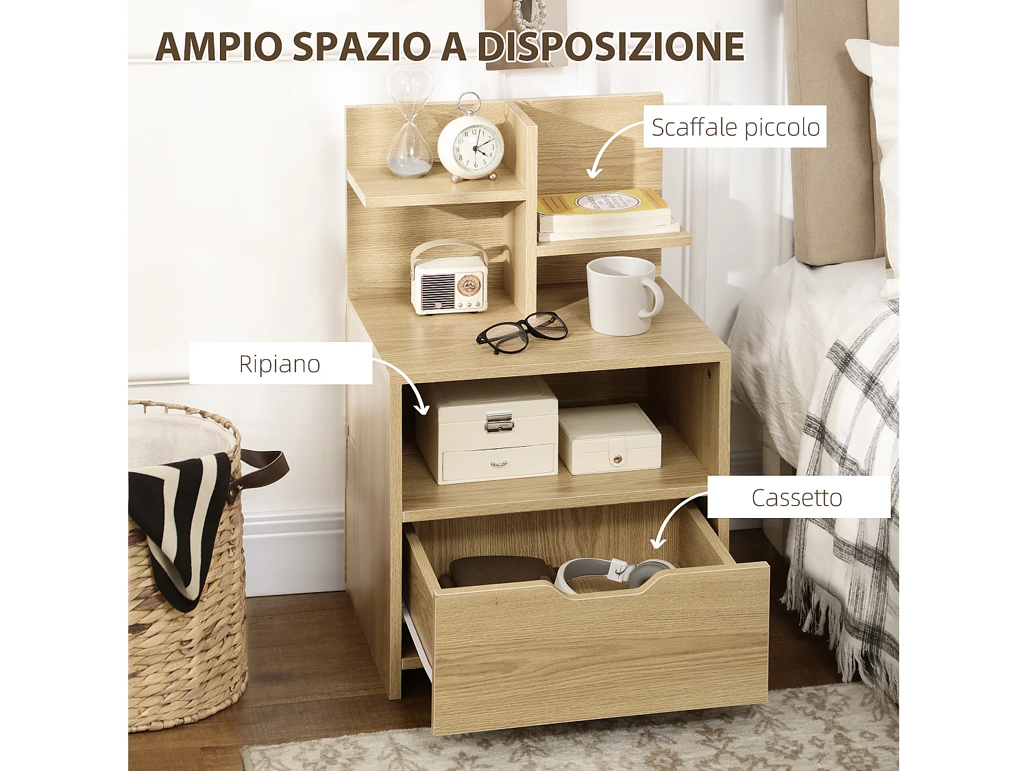 Comodino con cassetto e ripiani in legno 45x35x73 cm