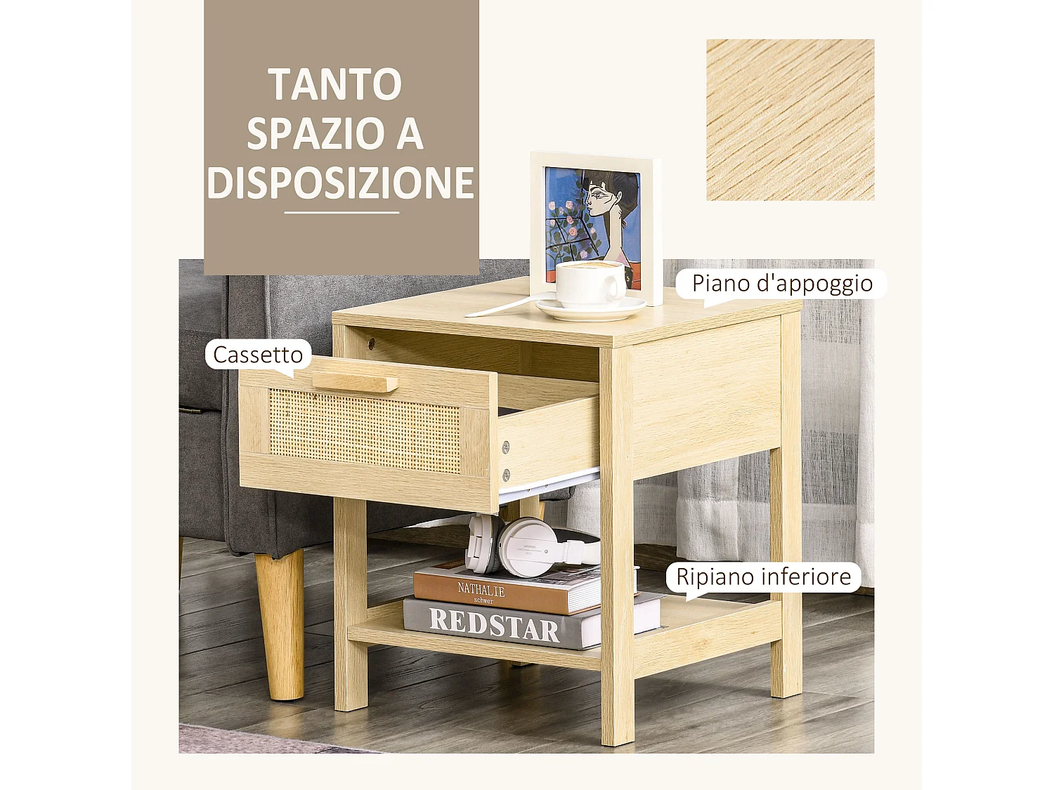 Comodino moderno con cassetto e ripiano inferiore in mdf