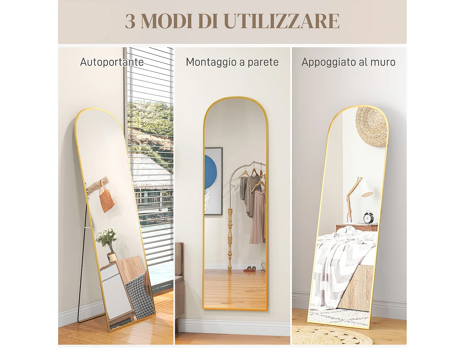 Specchio da terra e parete con supporto pieghevole 50x170cm oro