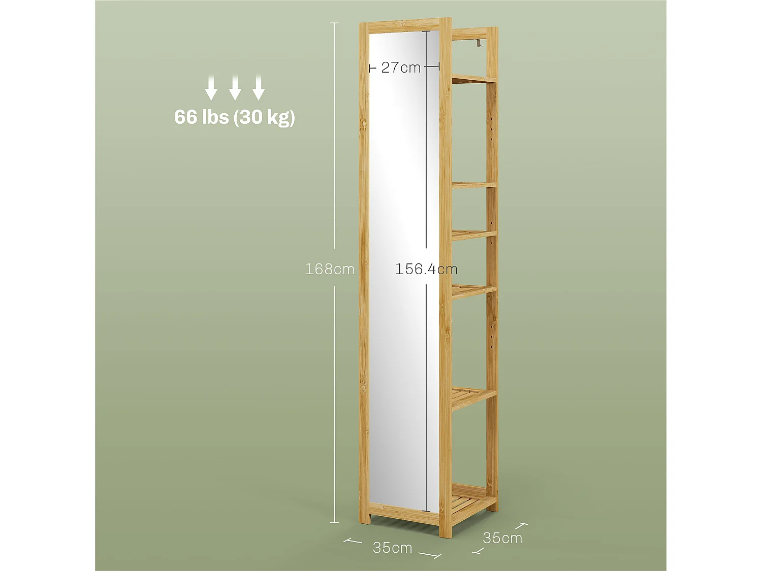 Scaffale bagno con specchio e 6 ripiani a doghe in bambù