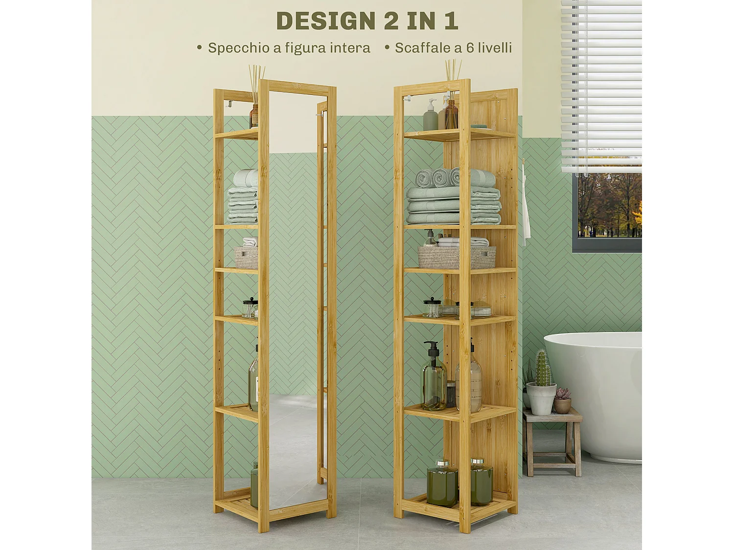 Scaffale bagno con specchio e 6 ripiani a doghe in bambù