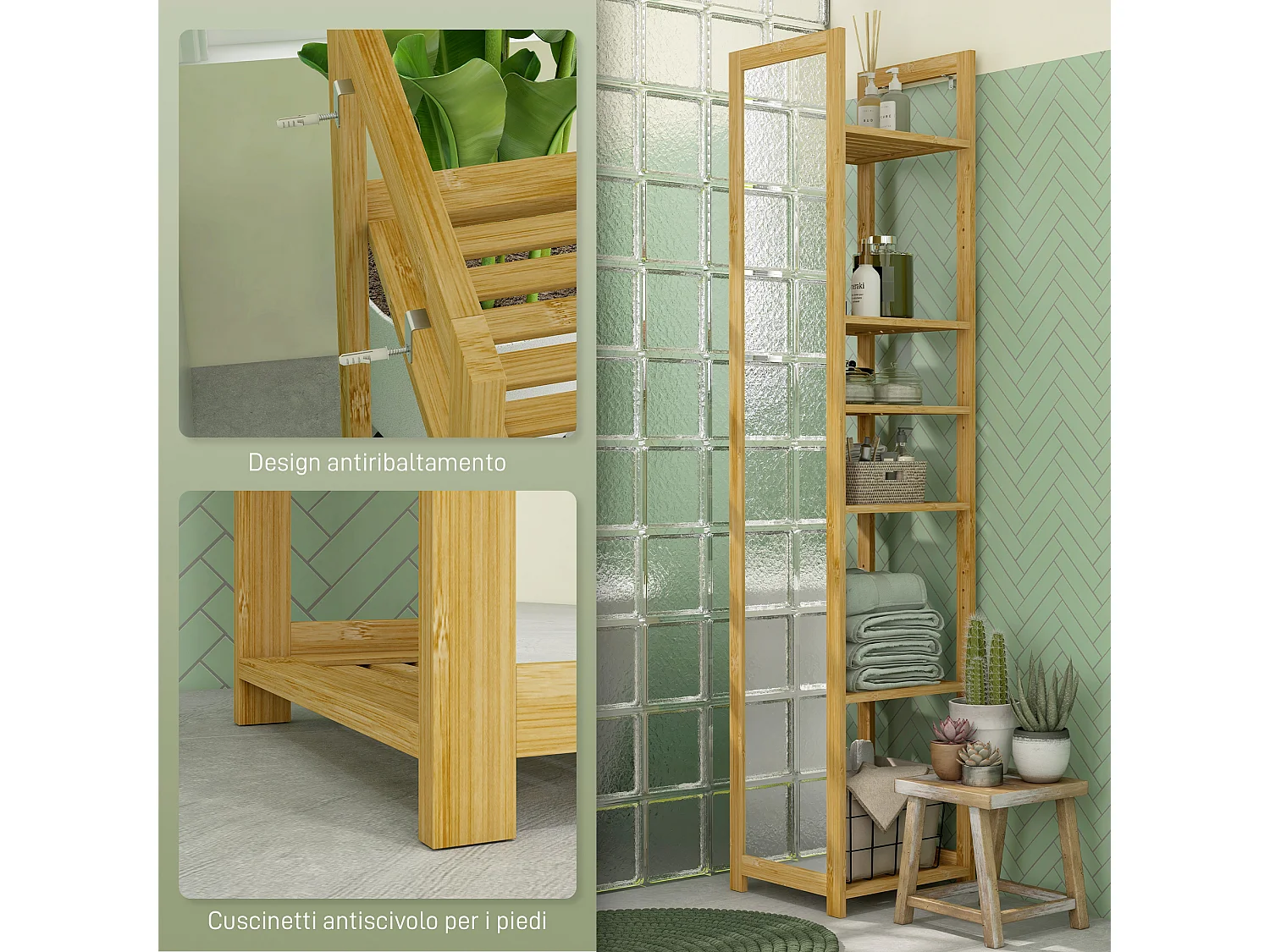 Scaffale bagno con specchio e 6 ripiani a doghe in bambù