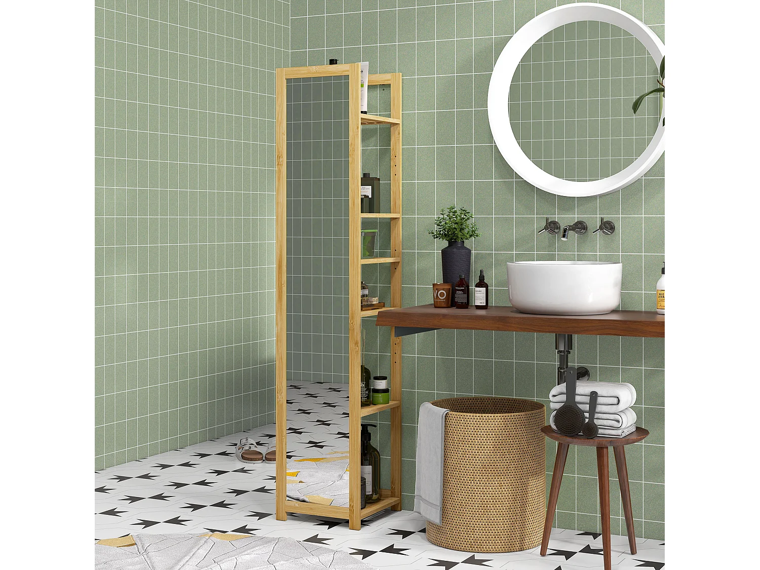 Scaffale bagno con specchio e 6 ripiani a doghe in bambù