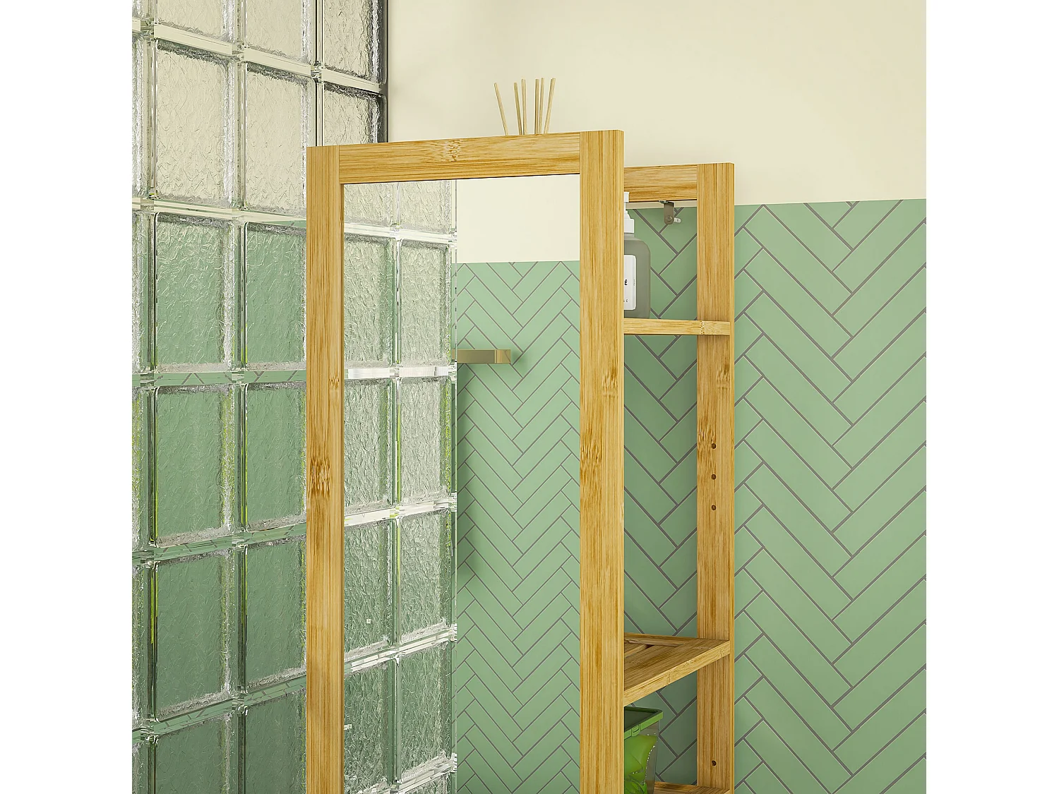 Scaffale bagno con specchio e 6 ripiani a doghe in bambù