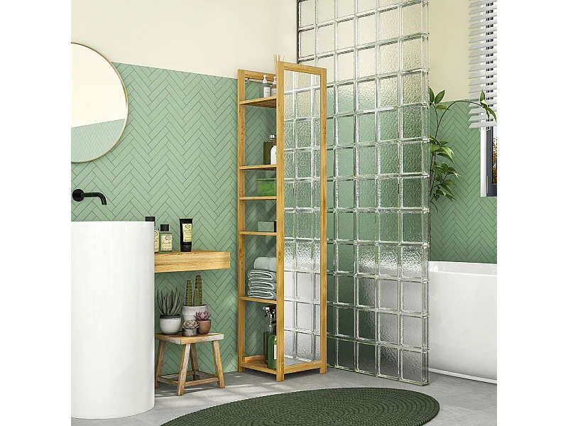 Scaffale bagno con specchio e 6 ripiani a doghe in bambù